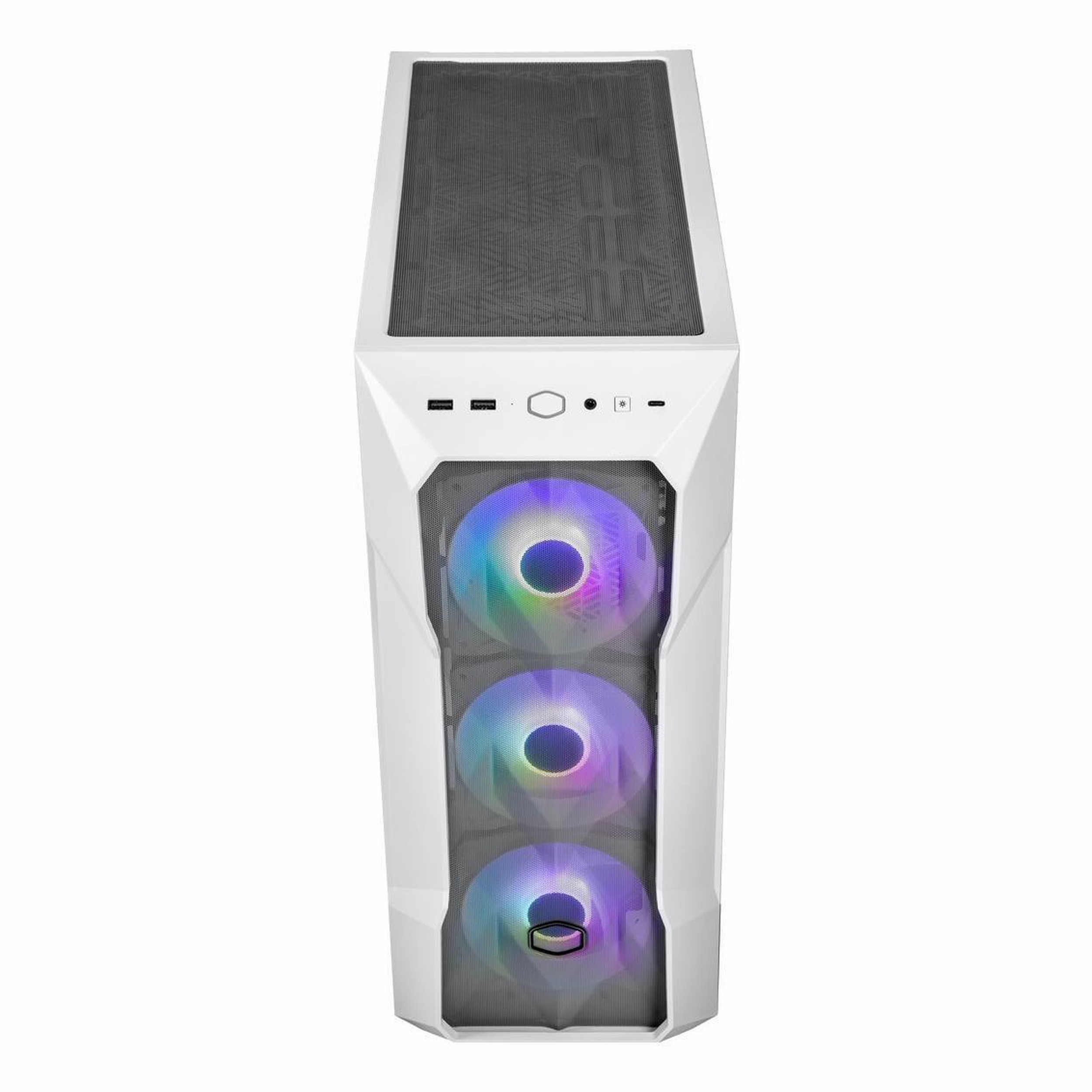 Beyaz arka planda önde üç RGB fanı ve üstte file paneli olan beyaz bir bilgisayar kasası.