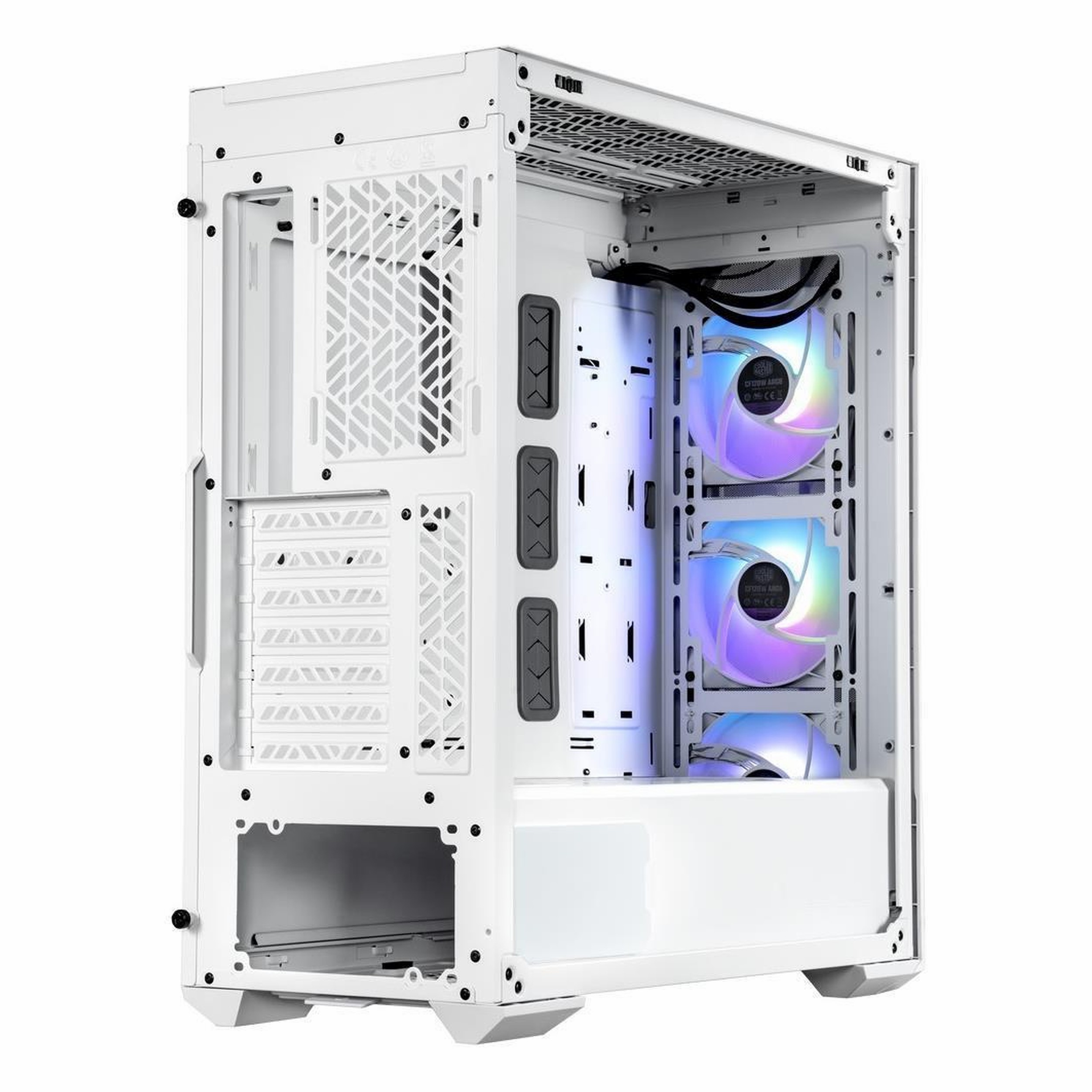 Üç RGB fanlı ve iç görünümü olan beyaz bir bilgisayar kasası.