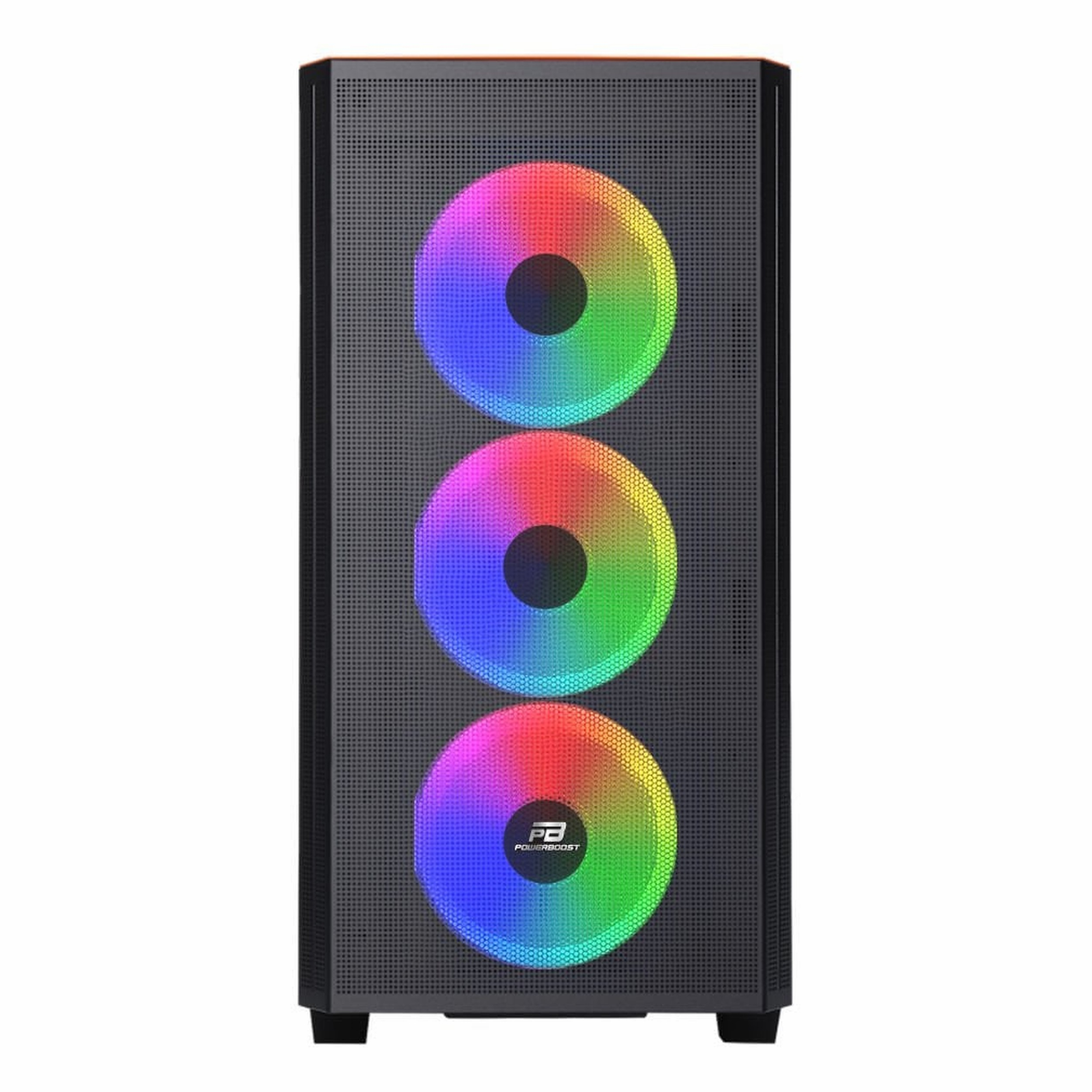 Önü ızgaralı ve üç dairesel RGB fanlı siyah bilgisayar kasası.