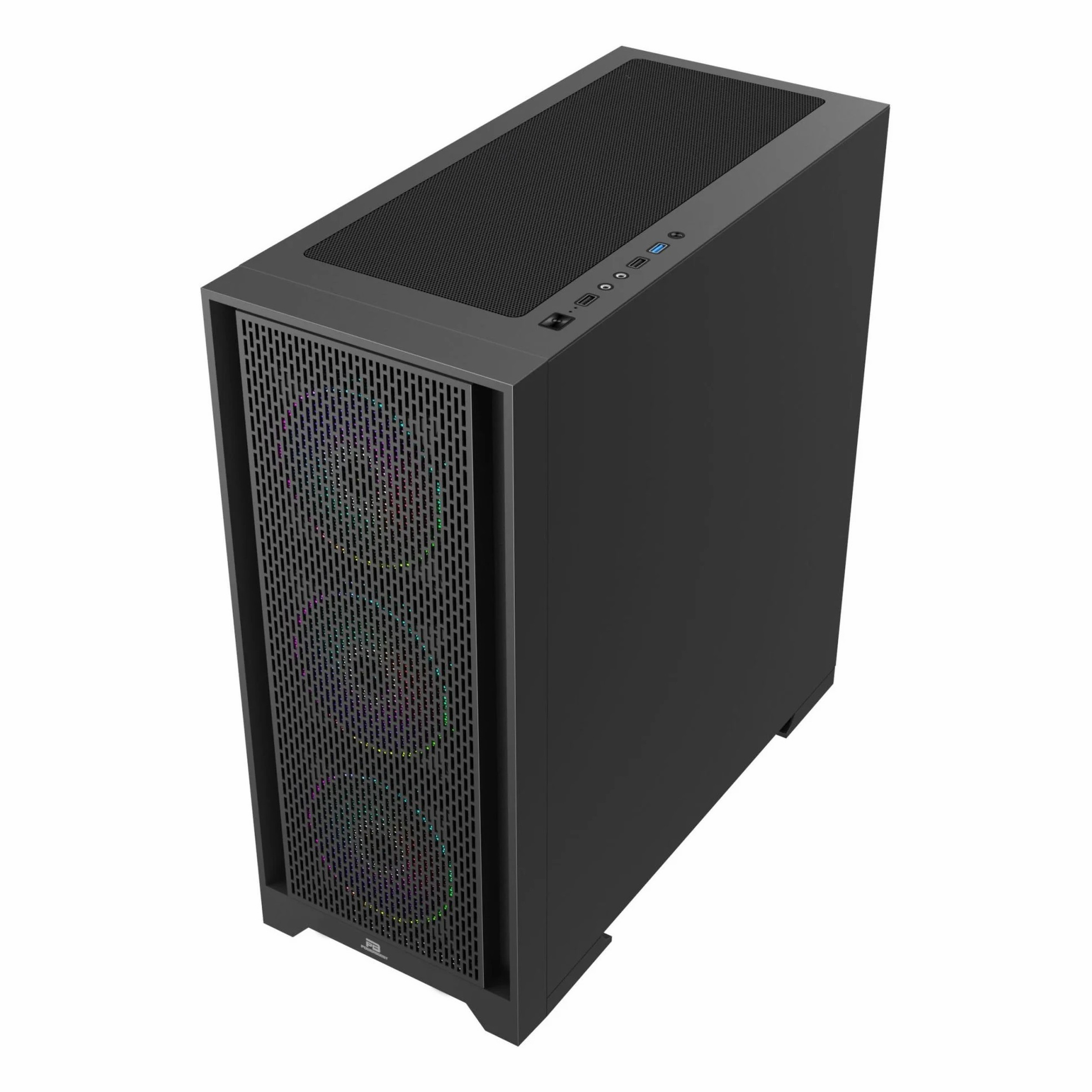 Beyaz arka planda  örgü ön panelli ve RGB fanlı siyah bir PC kasası.