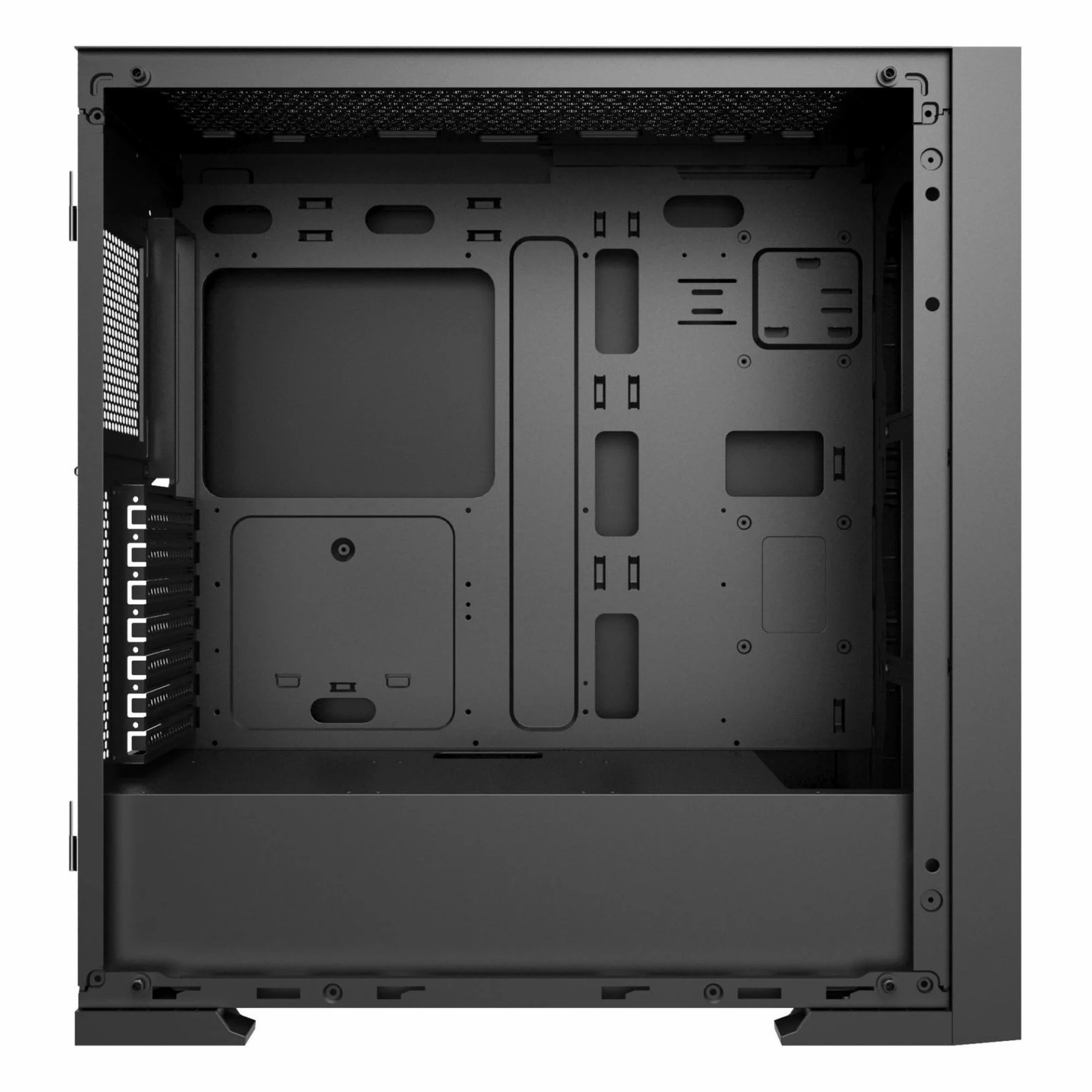 Kablo yönetimi ve fanlar için açıklıklara sahip boş, siyah bir PC kasasının içi.