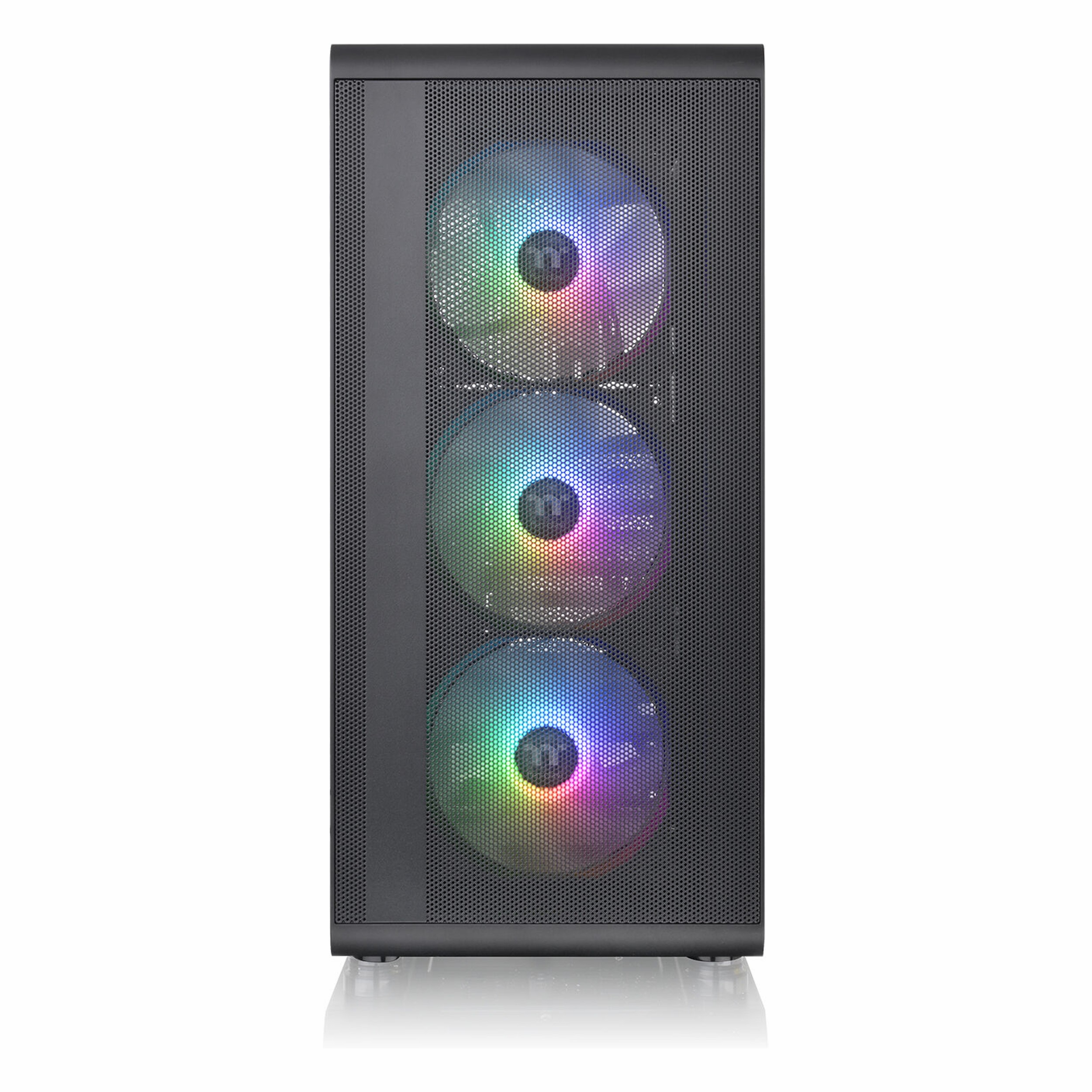 Ön tarafı delikli ve üç aydınlatmalı RGB fanlı siyah bilgisayar kasası.