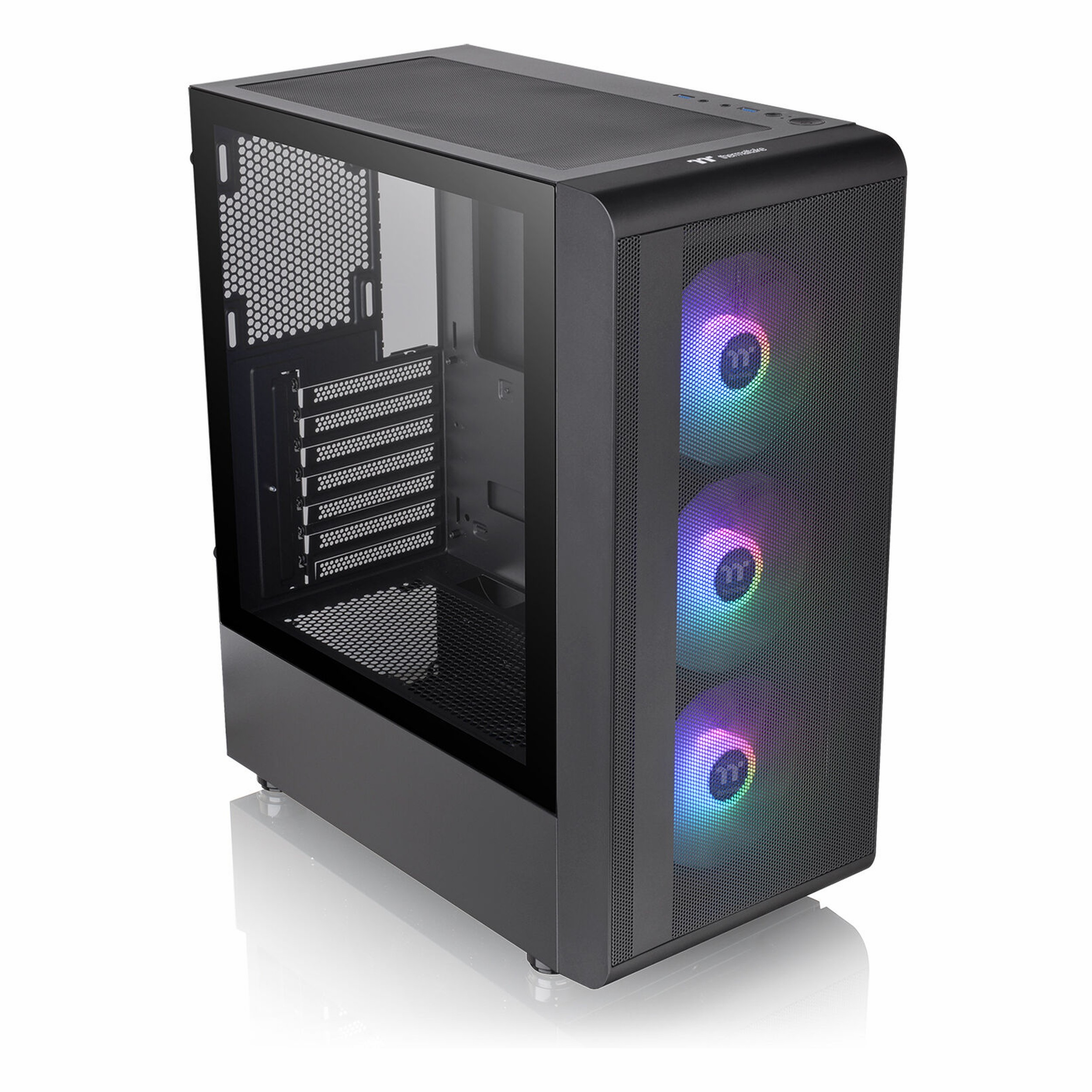 Cam yan panelli ve önde üç RGB fanlı siyah bilgisayar kasası.
