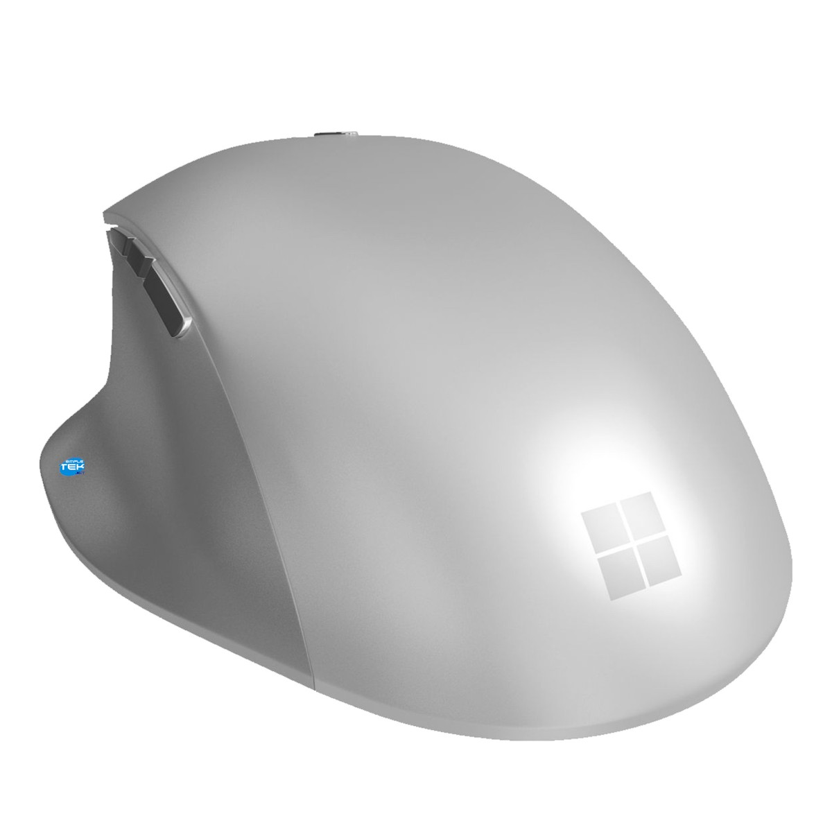 Un mouse per computer Microsoft grigio su sfondo bianco.