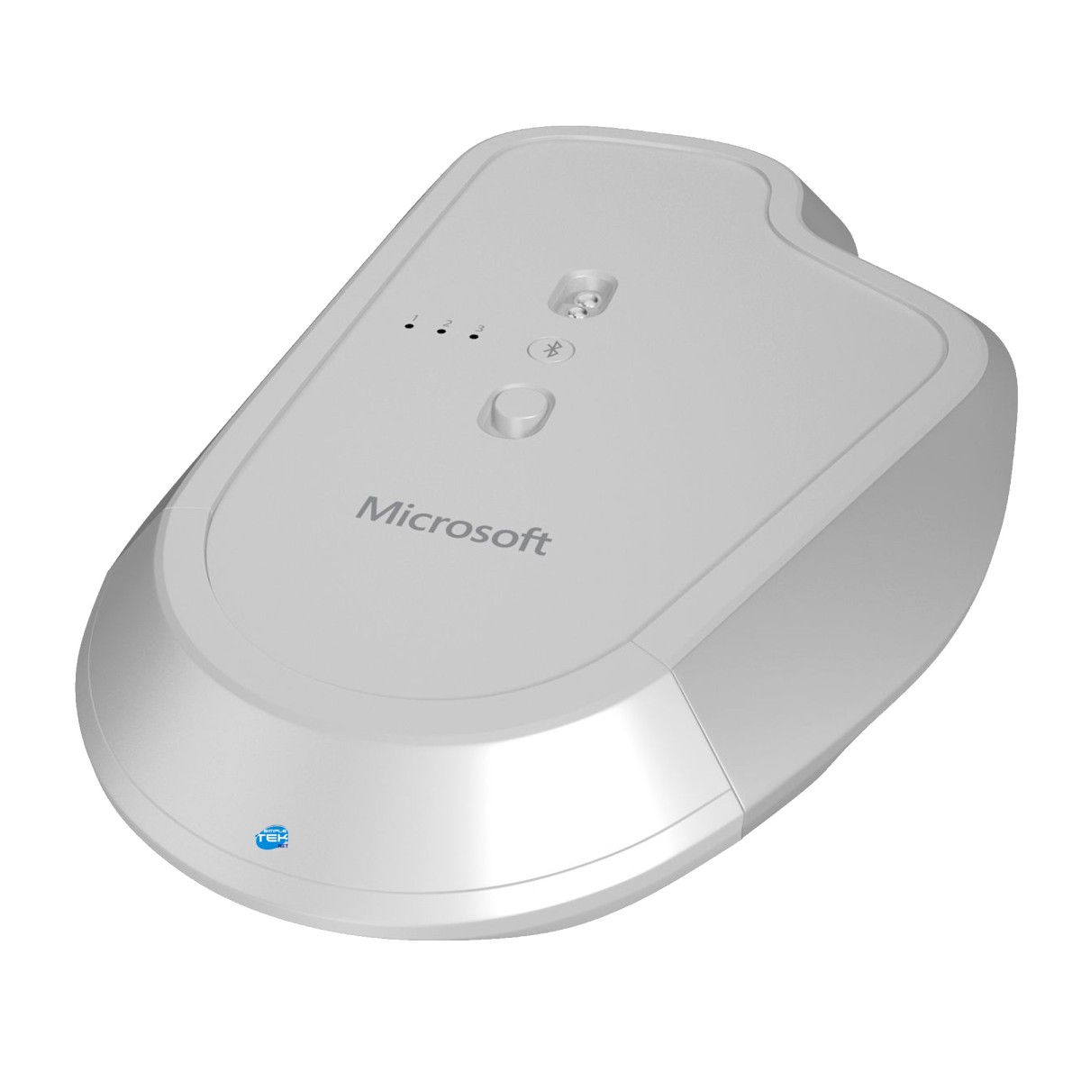 Un mouse wireless Microsoft grigio chiaro su sfondo bianco, con pulsante Bluetooth e indicatori di connessione.