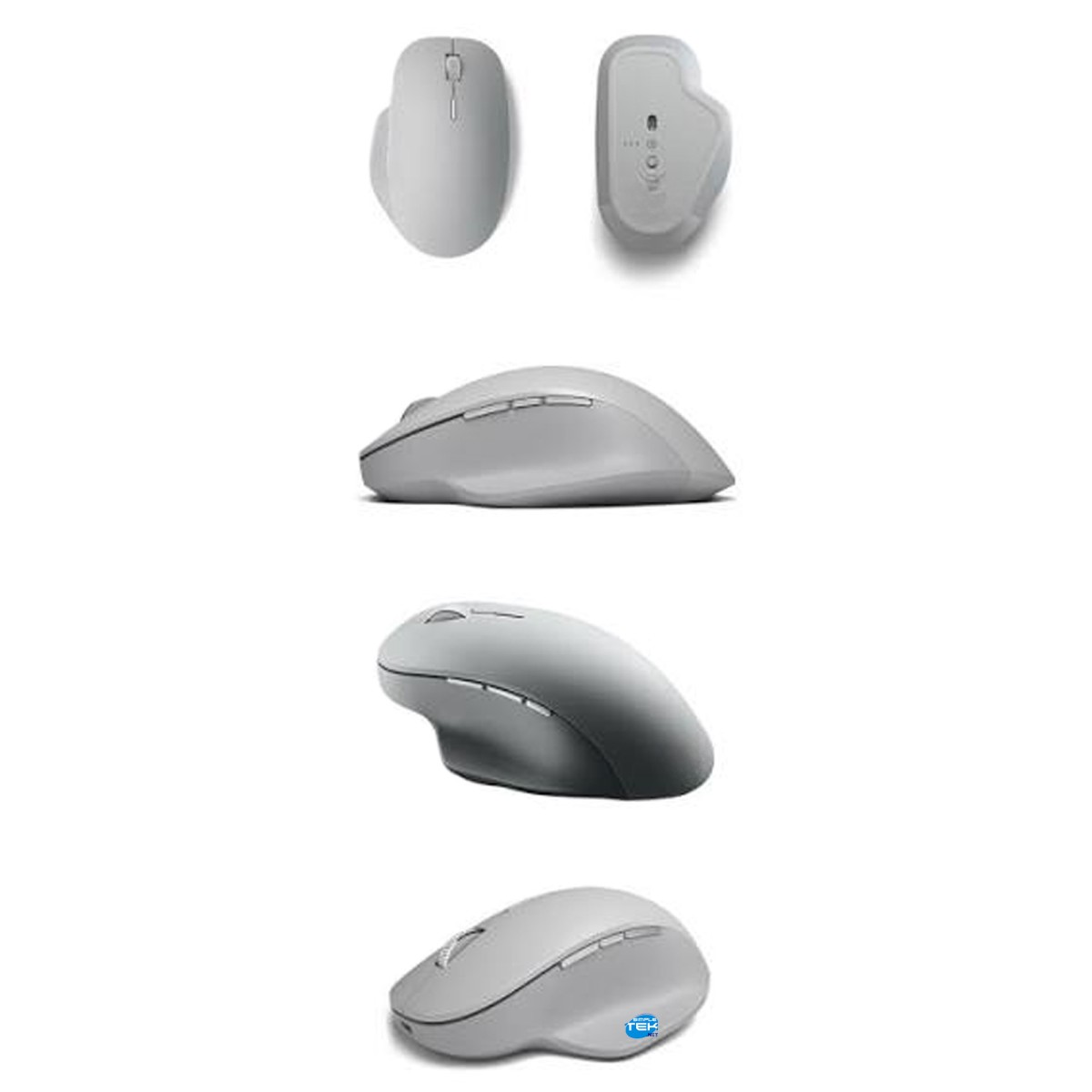 Molteplici viste di un mouse per computer grigio ergonomico su sfondo bianco.