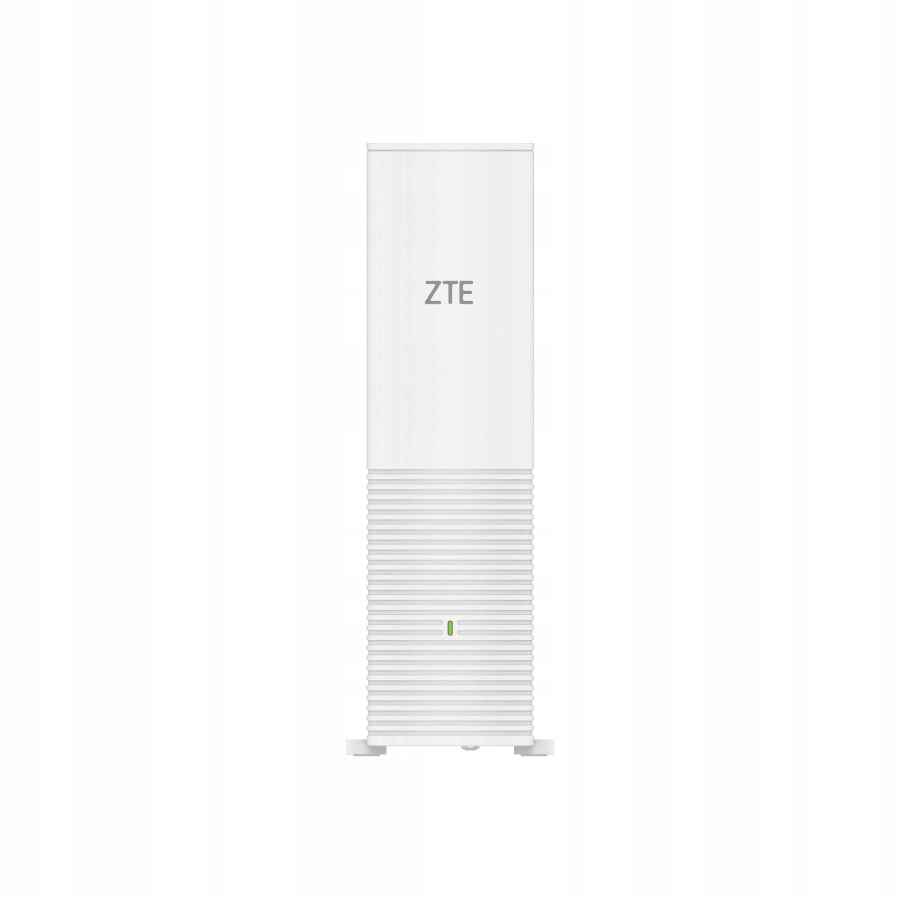 Biały router ZTE z pionowymi rowkami na dole i zieloną diodą LED.
