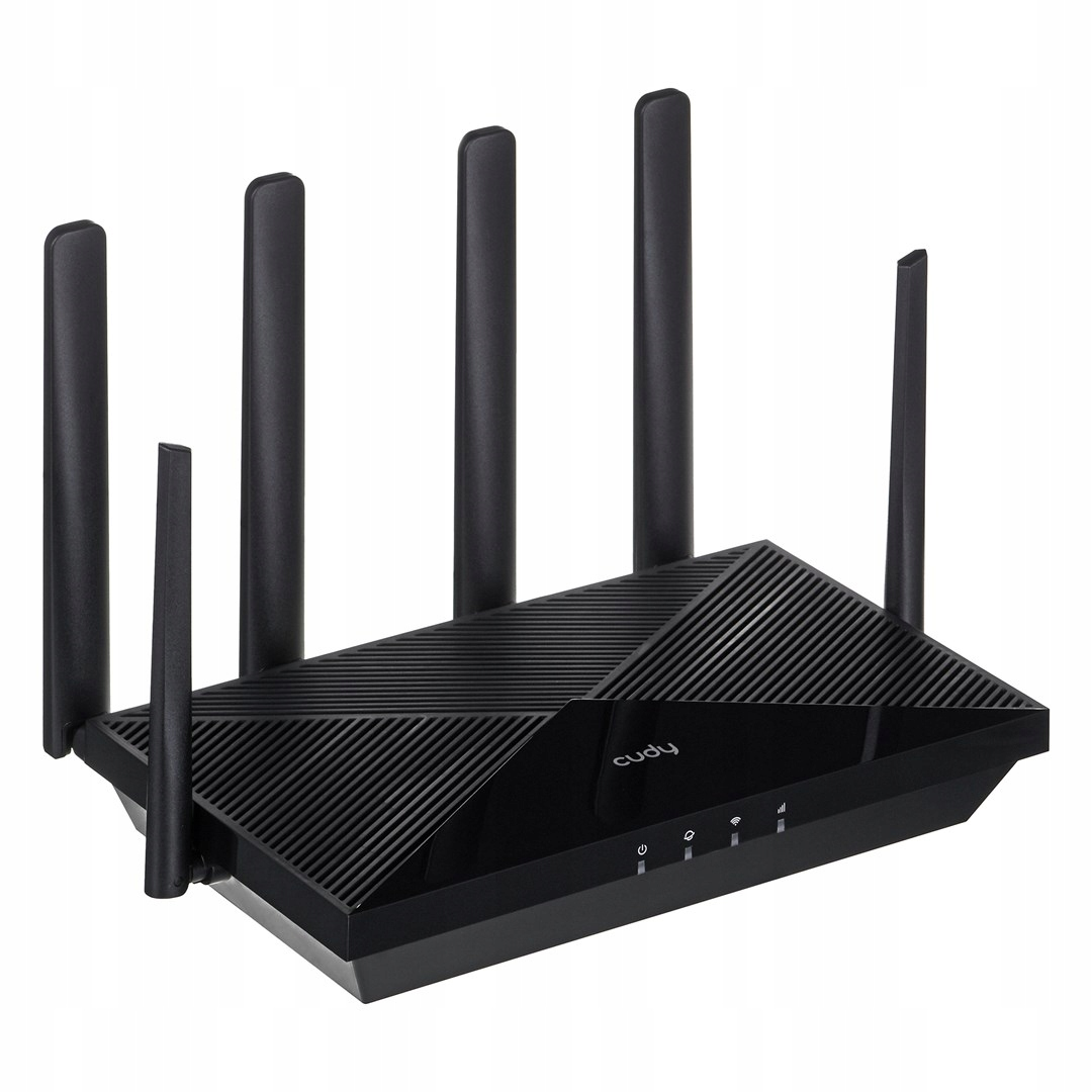 Zwarte wifi-router met vijf antennes op een witte achtergrond.