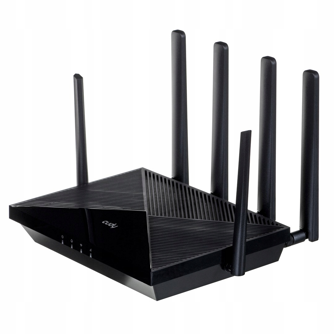 Een zwarte wifi-router met zes antennes en een geometrisch patroon aan de bovenkant.