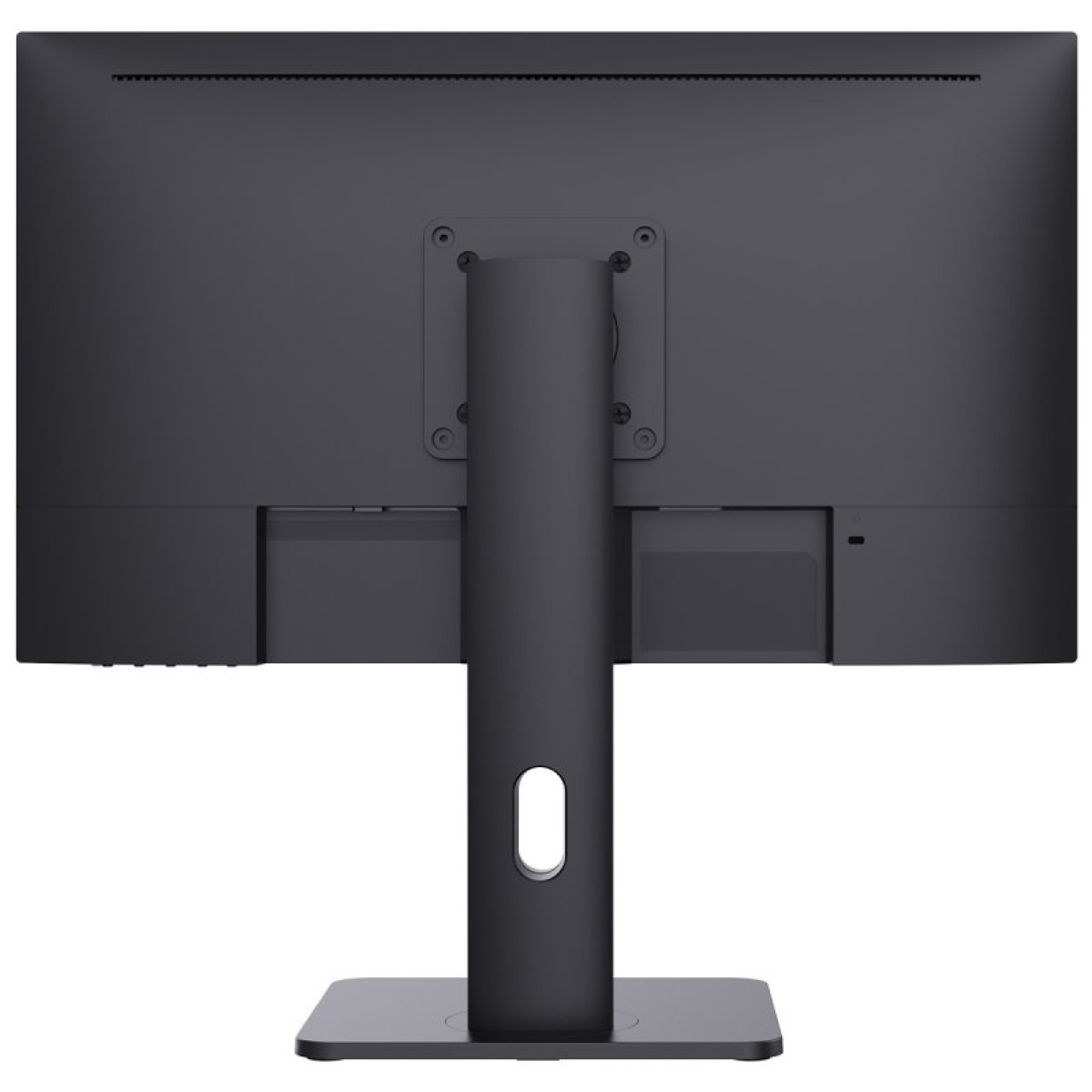 Vista posteriore di un monitor per computer nero con supporto su sfondo neutro.