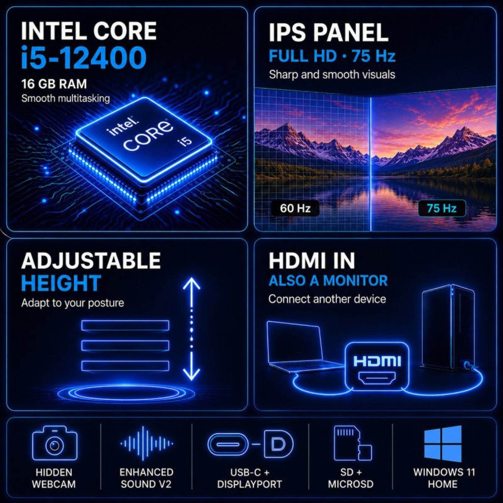 Specifiche tecniche con Intel Core i5, pannello IPS, altezza regolabile, HDMI e porte.