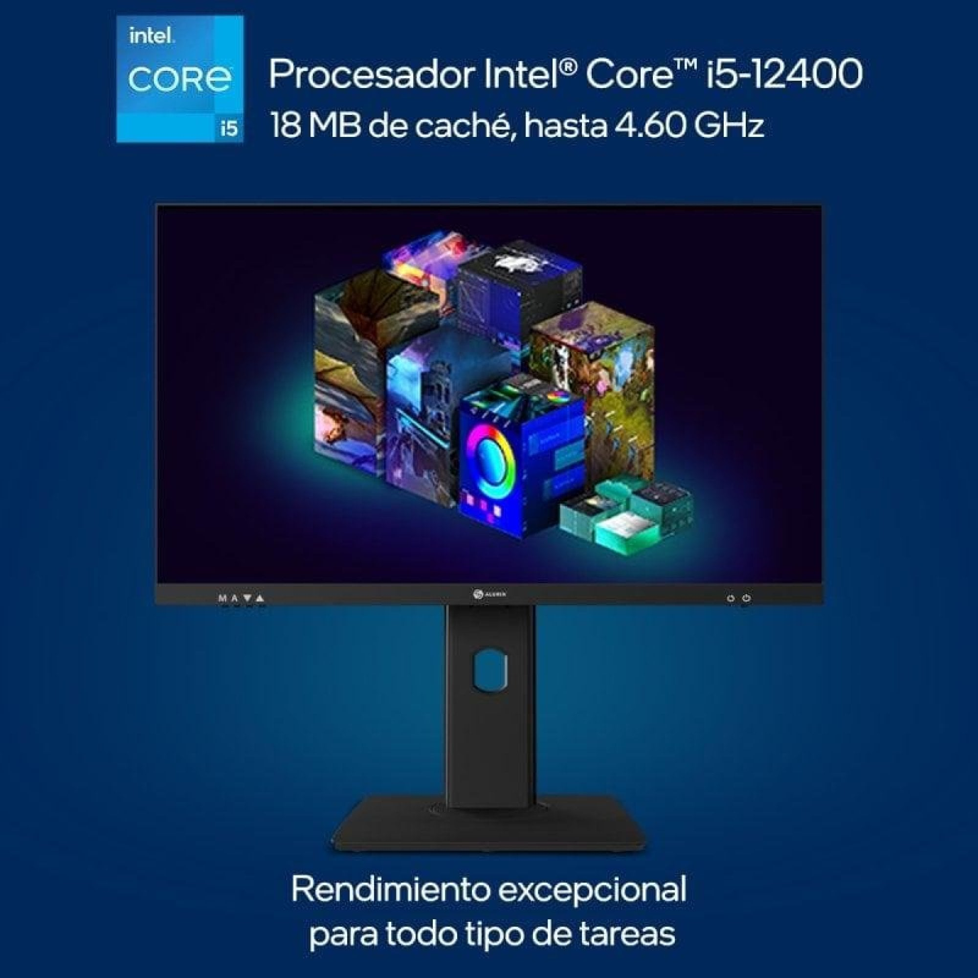 Un monitor per computer su sfondo blu mostra grafica 3D colorata e testo Intel Core i5.