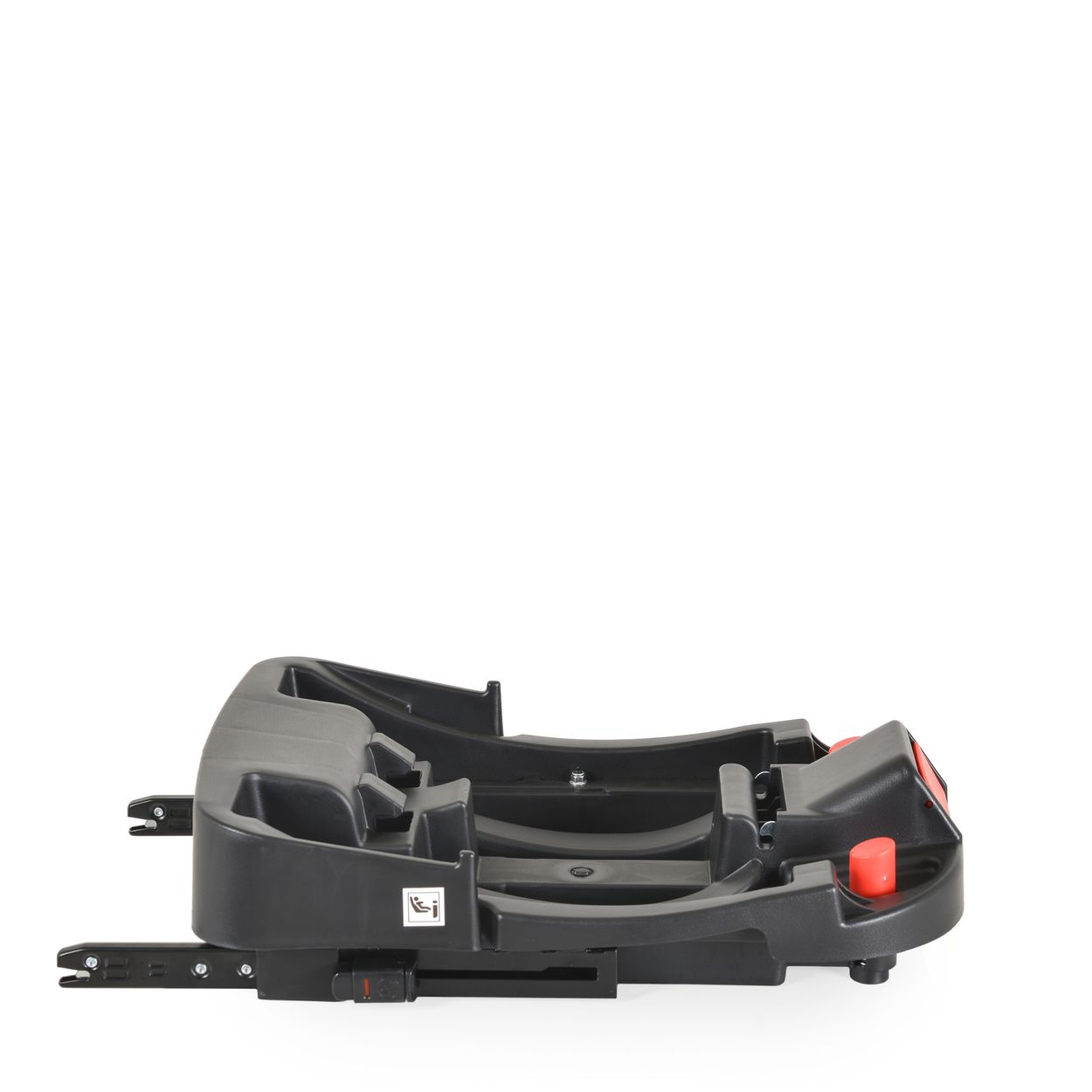 Schwarze Autositzbasis mit roten Knöpfen und ISOFIX-Halterungen vor weißem Hintergrund.