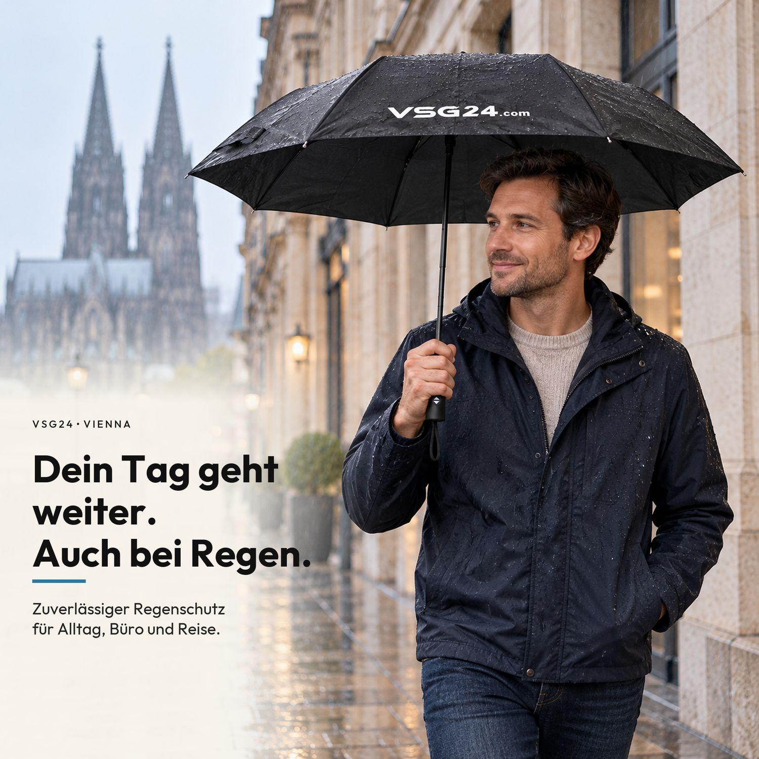 Ein Mann im Regen hält einen schwarzen VSG24-Regenschirm vor einer Kathedrale.