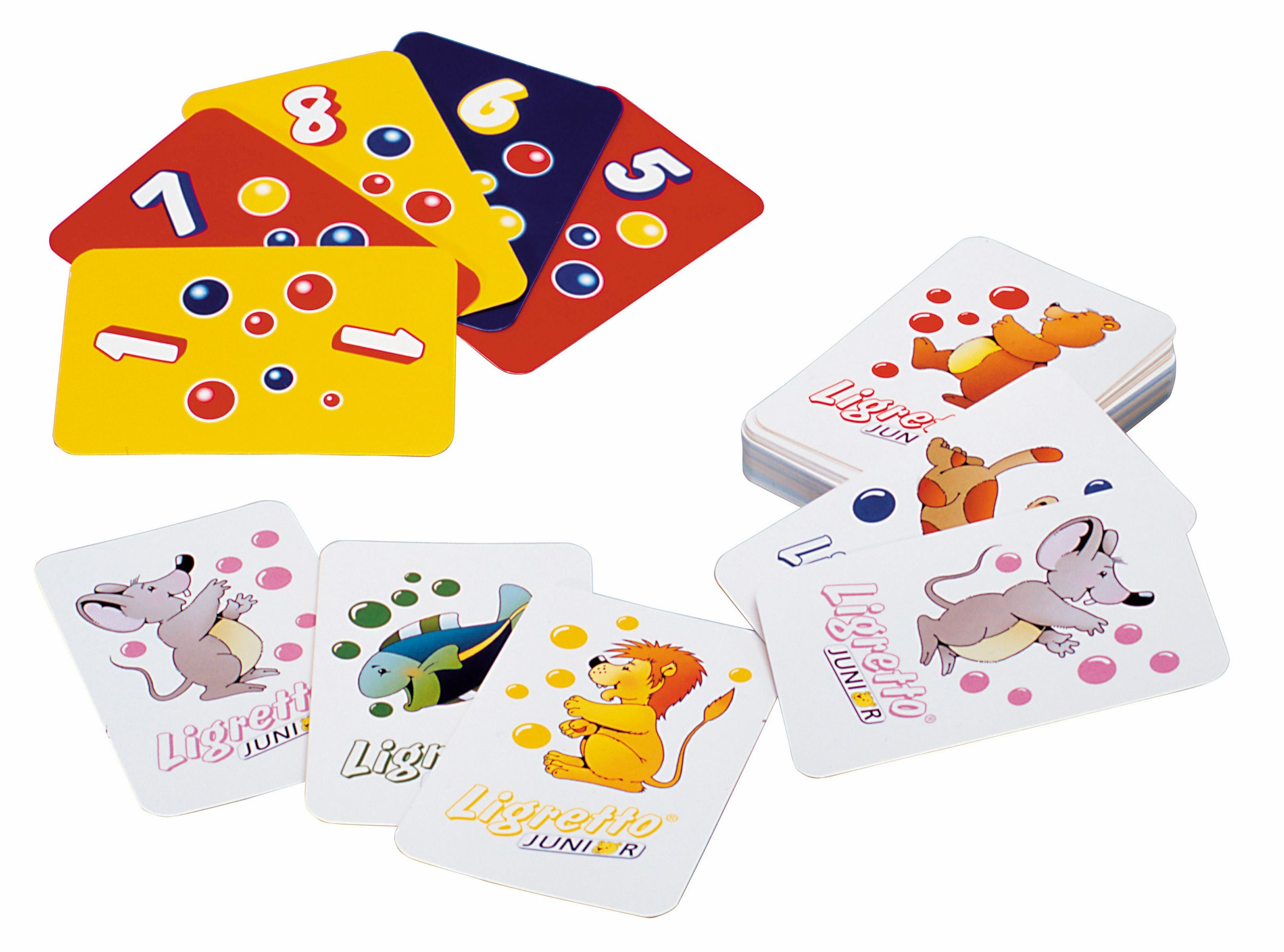 Ligretto Junior Kartenspiel mit bunten Karten und Tiermotiven wie Löwe und Maus.