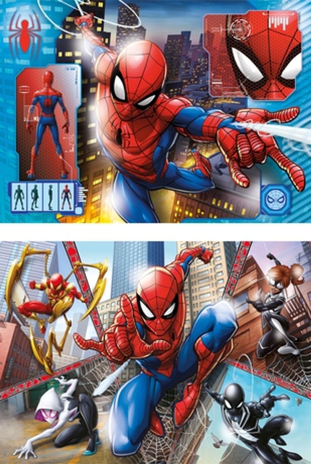 Spider-Man con traje rojo y azul con paisajes urbanos e inserciones gráficas de fondo.