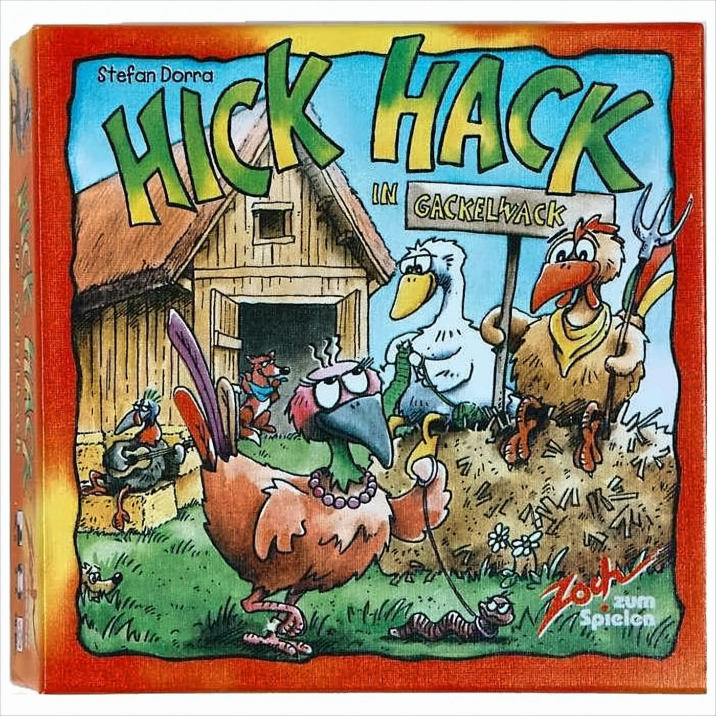 Brettspielcover mit Cartoon-Bauernhoftieren wie Hühnern und einem Fuchs vor einer Scheune unter dem Titel Hick Hack.