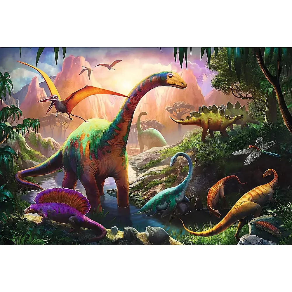 Colorful prehistoric landscape scene with dinosaurs, flying reptiles, and a dragonfly in a jungle setting.