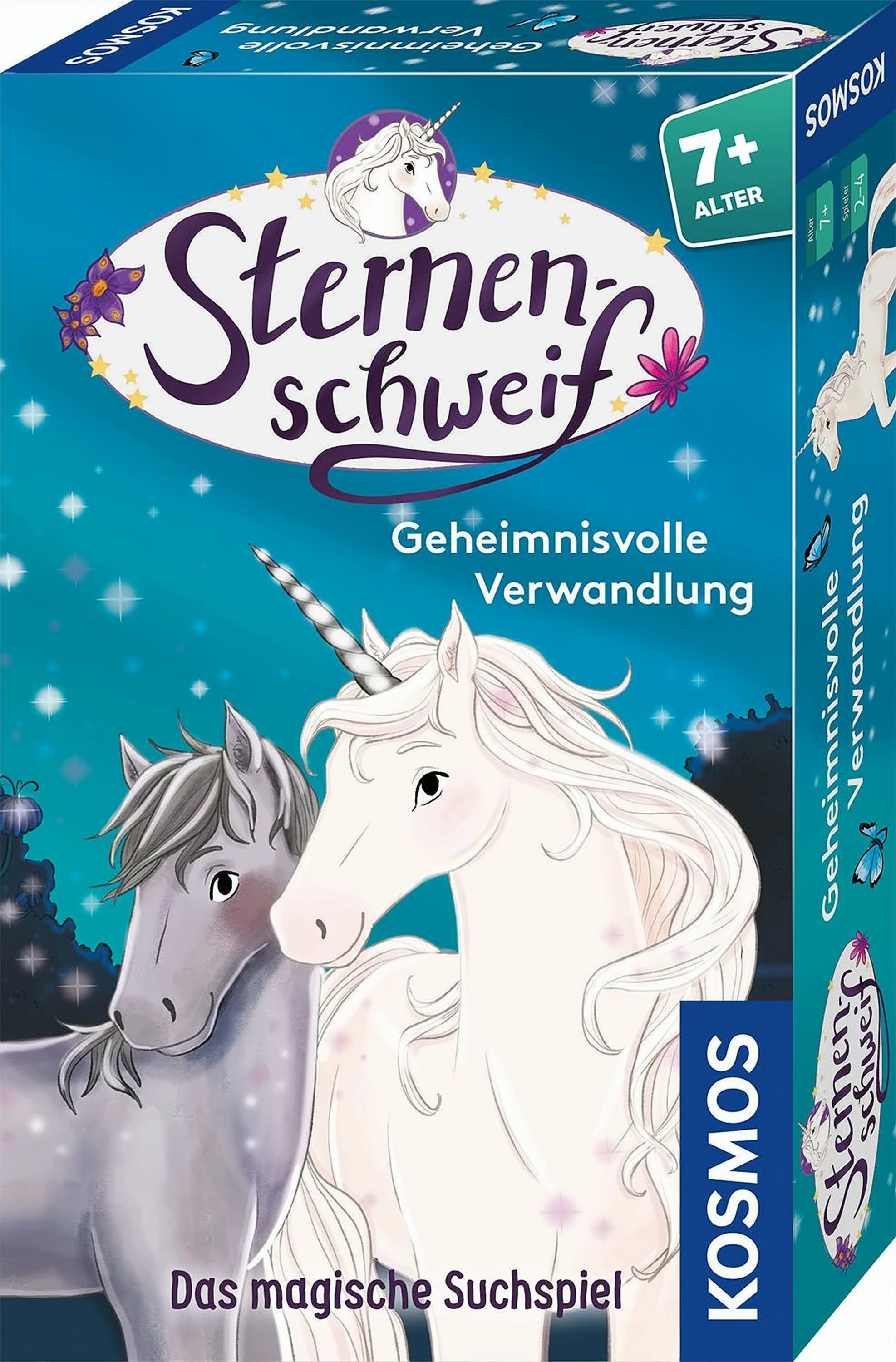 Scatola del gioco Sternenschweif con un unicorno bianco e un cavallo grigio su cielo stellato.