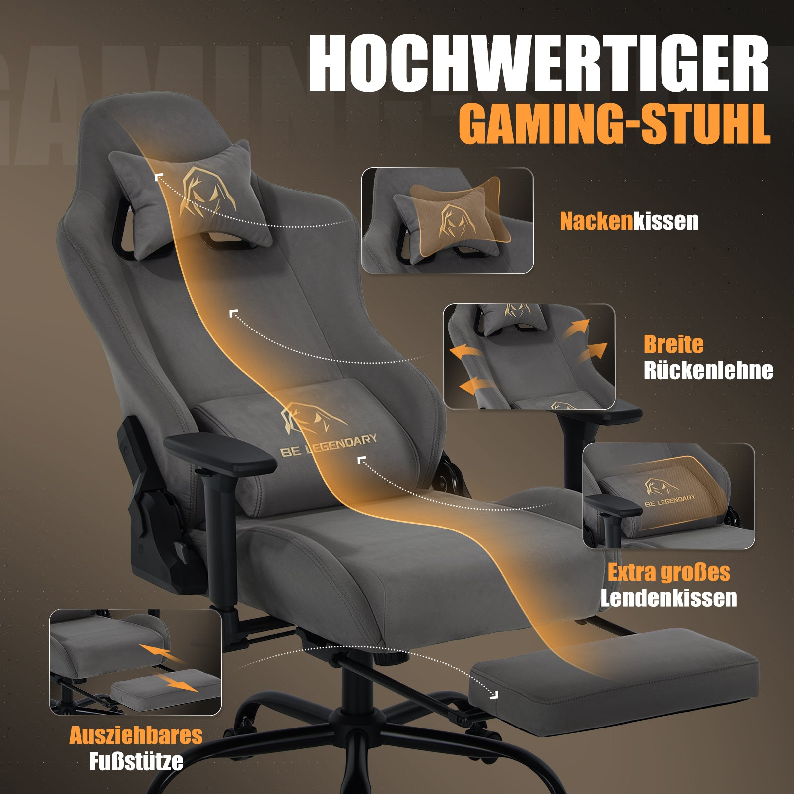 Grauer Gaming-Stuhl mit Nackenkissen, breiter Rückenlehne, Lendenkissen und ausziehbarer Fußstütze.
