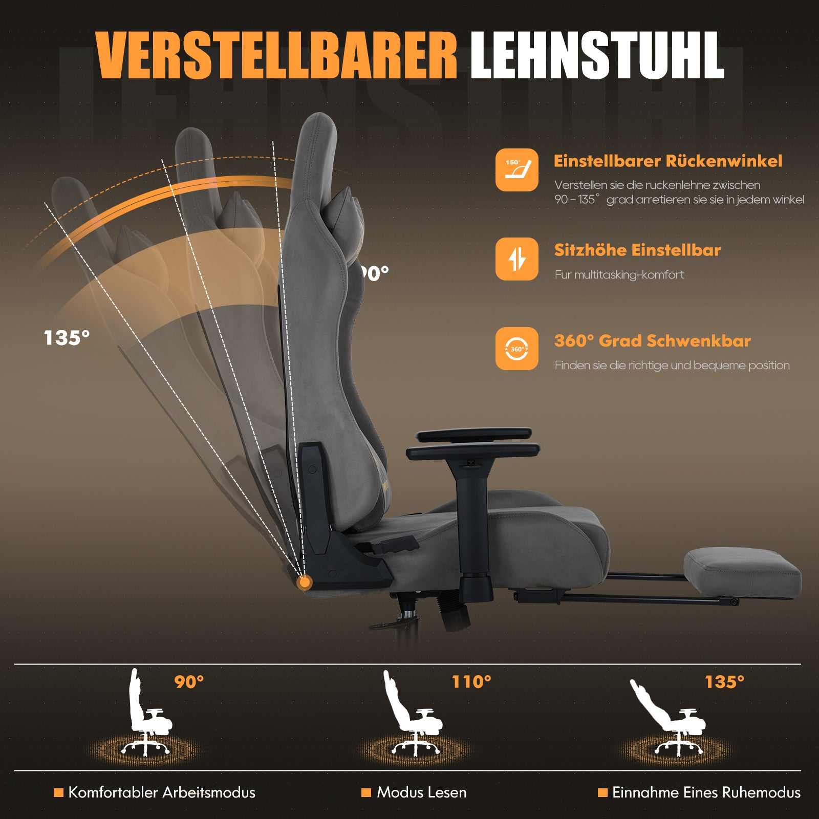 Grauer, verstellbarer Stuhl mit Fußstütze und Textinformationen über die Winkeleinstellungen.