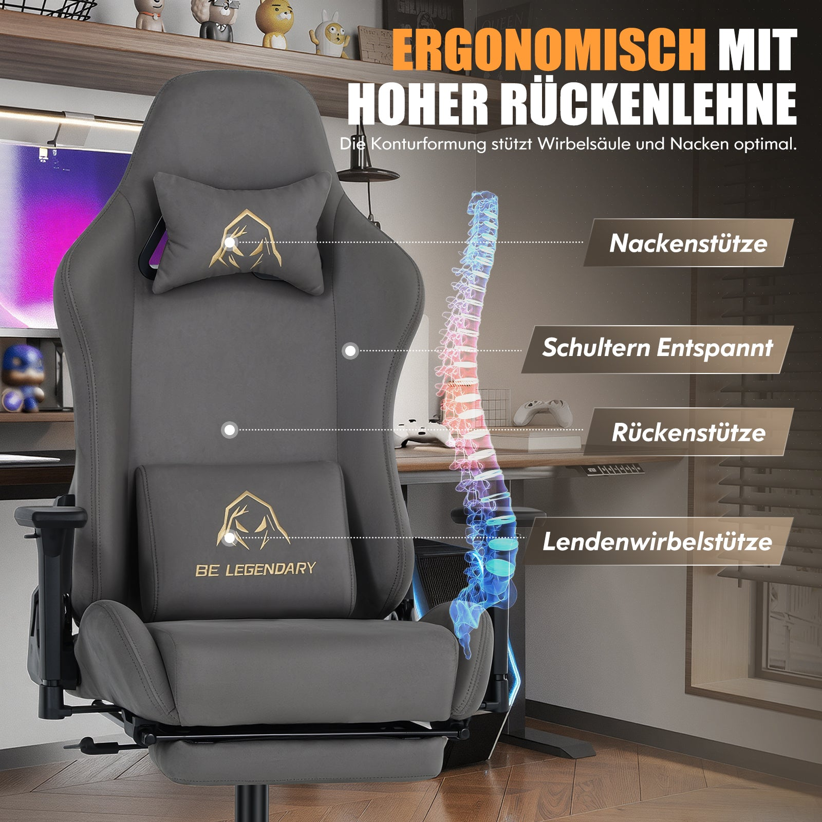 Ergonomischer grauer Gaming-Stuhl mit Rückenlehne und anatomischen Stützpunkten.