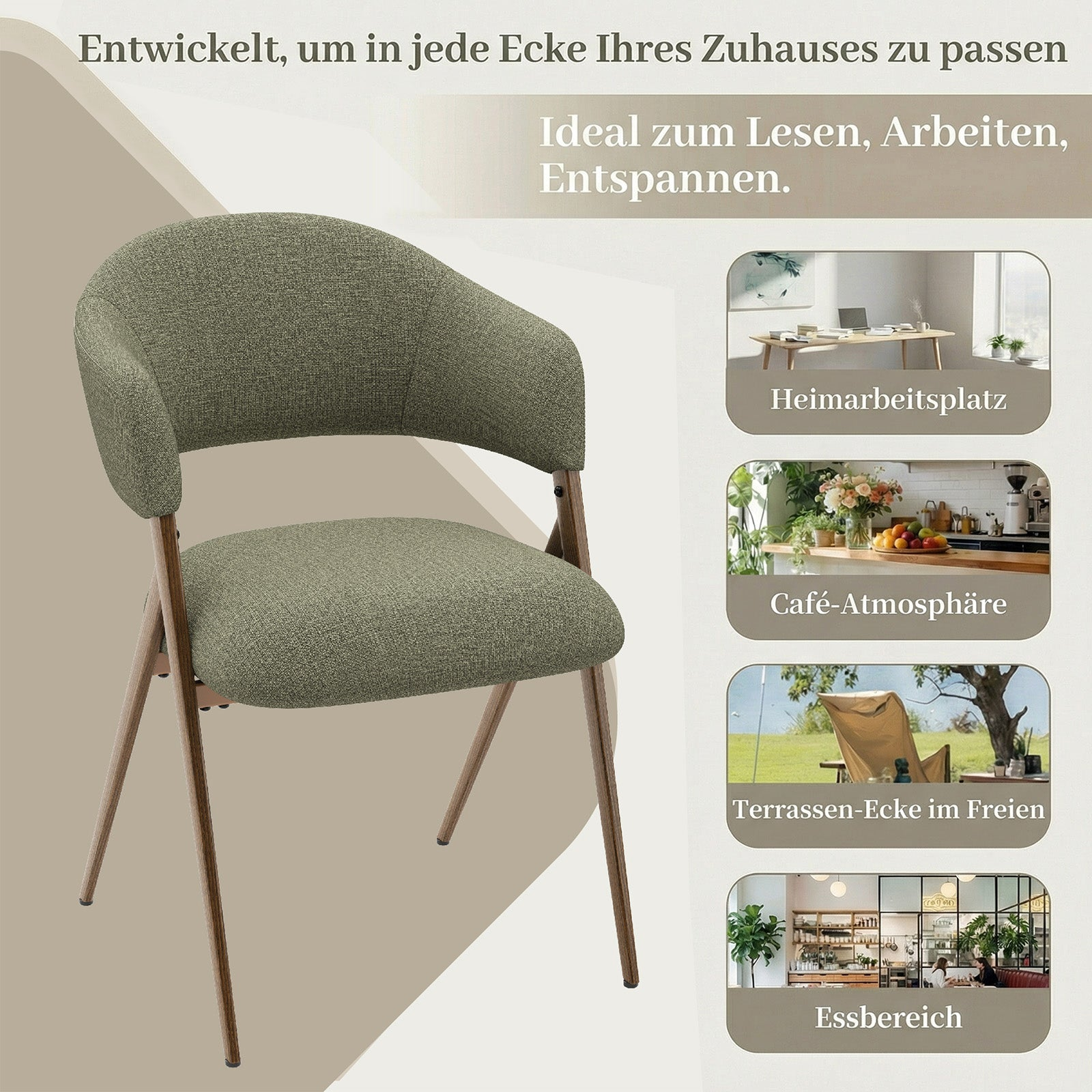 Sedia imbottita verde con gambe in legno e quattro esempi d'uso.