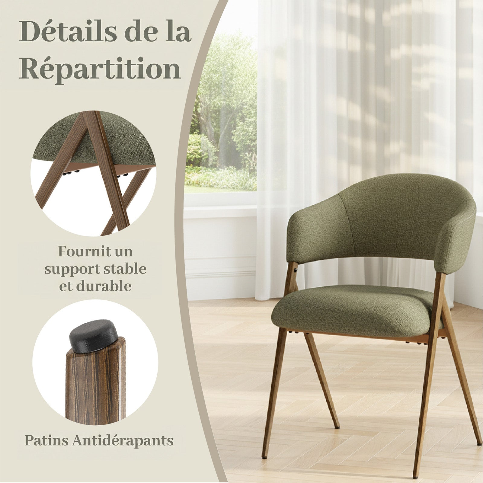 Una sedia verde oliva con gambe in legno, primi piani mostrano struttura robusta e piedini antiscivolo.