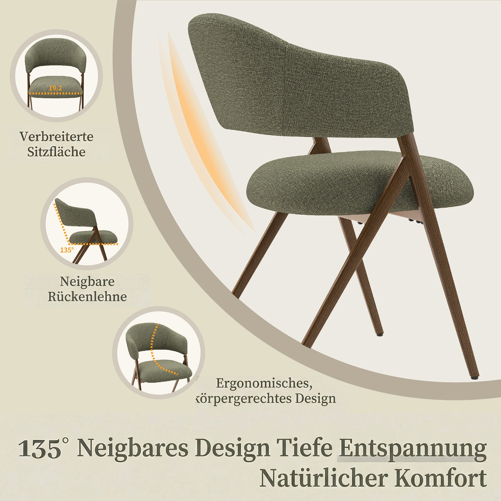 Sedia verde con gambe in legno, seduta larga, schienale inclinabile e design ergonomico.