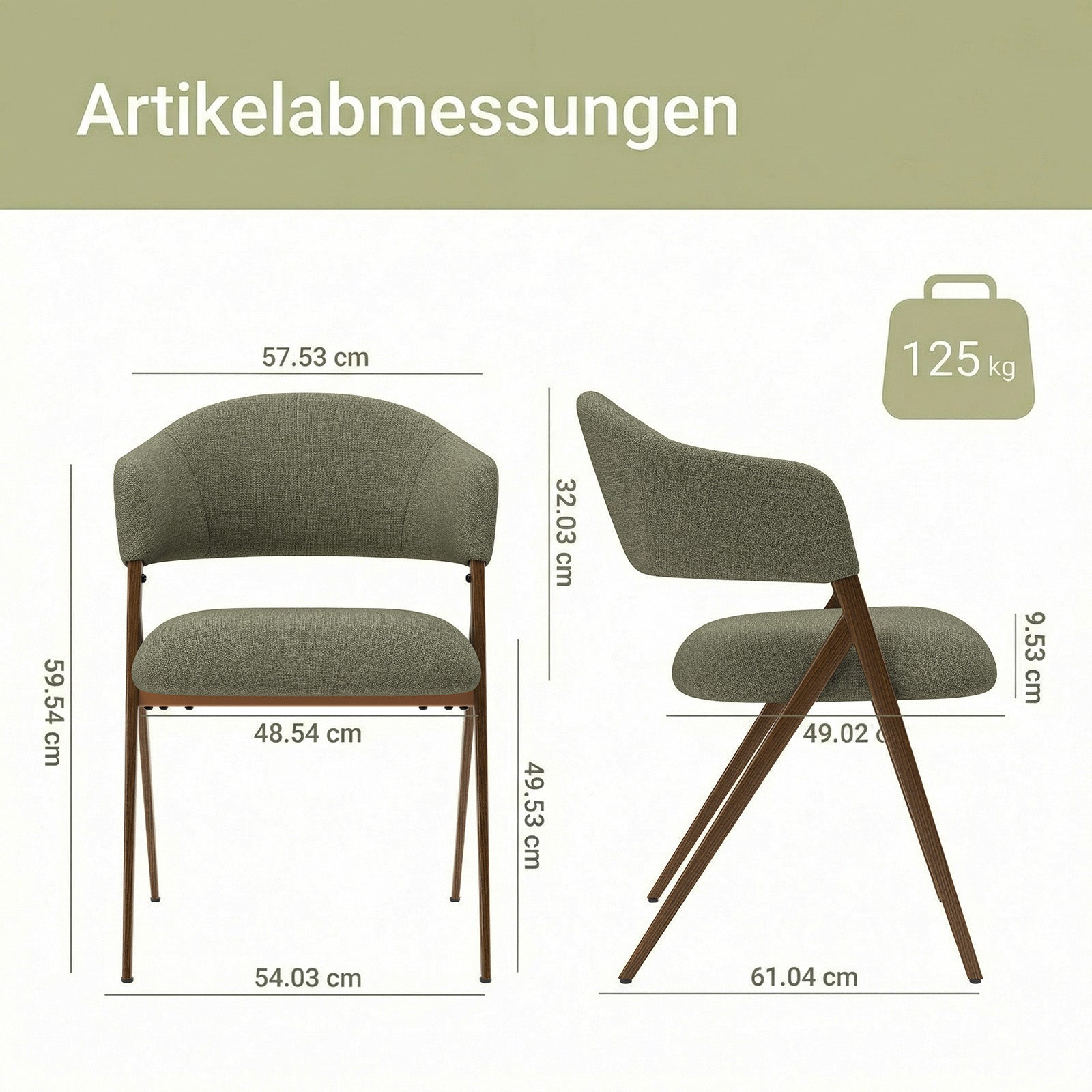 Diagramma con le dimensioni di una sedia verde con gambe in legno e 125 kg di portata.