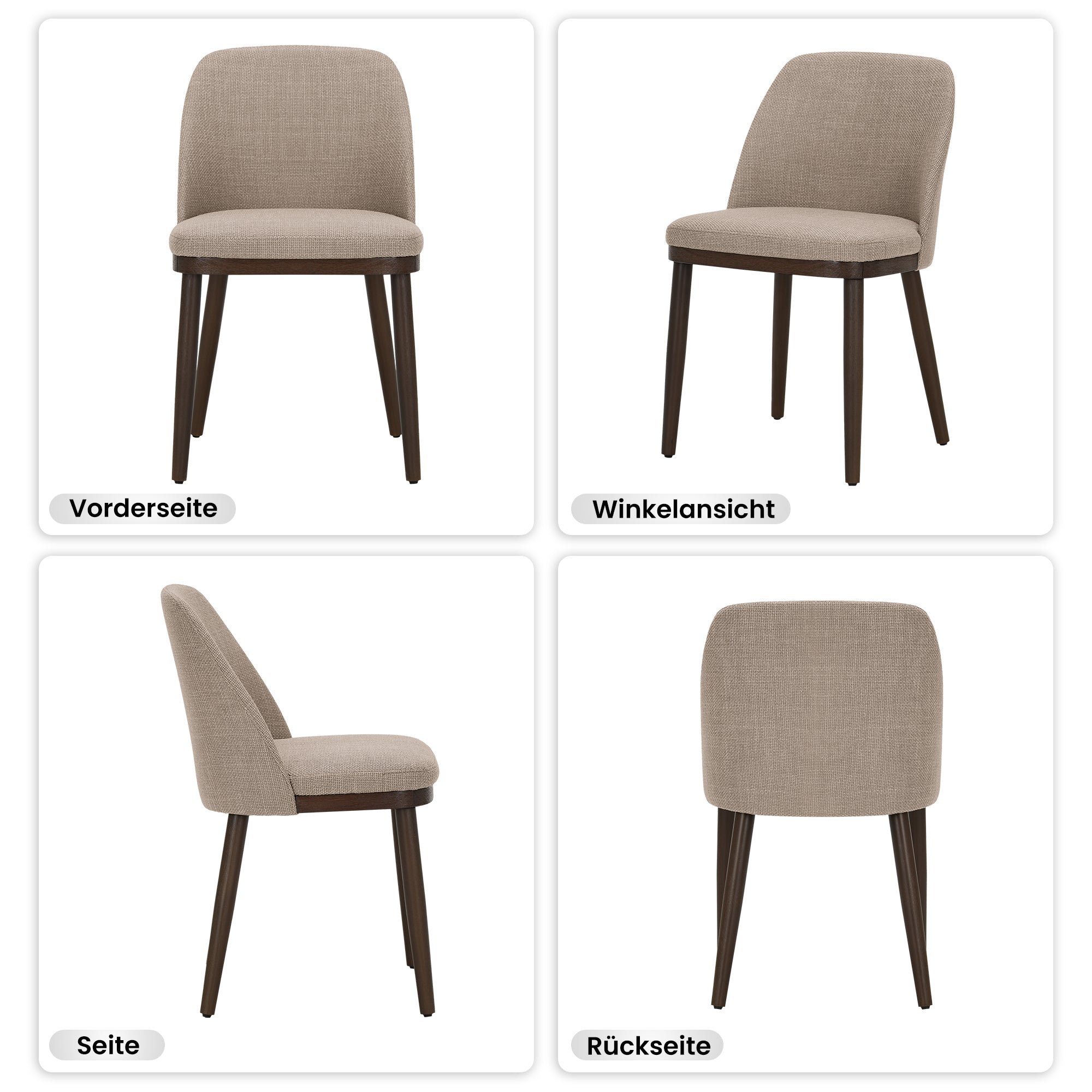 Quattro viste di una sedia imbottita marrone chiaro con gambe in legno scuro.