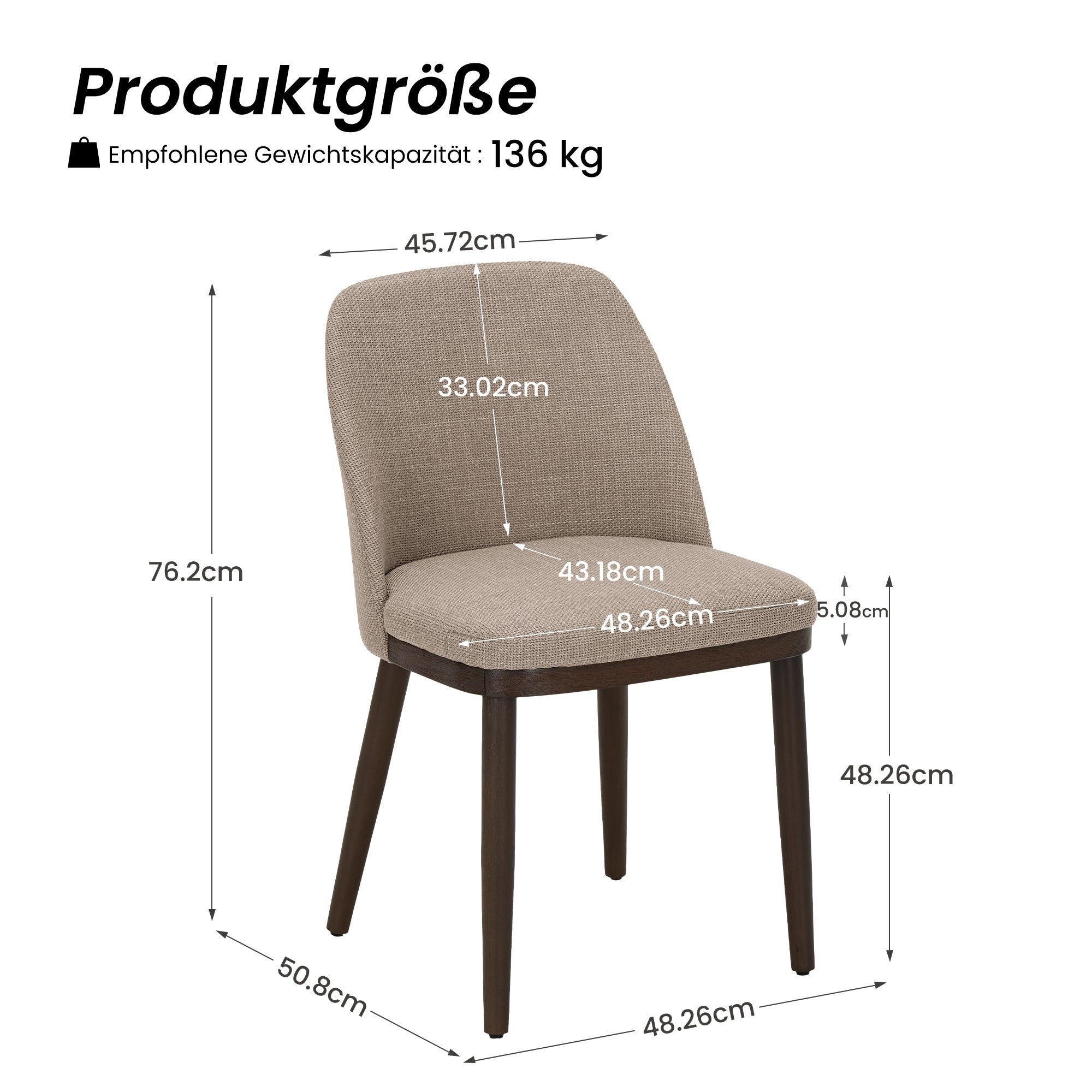 Diagramma che mostra le dimensioni di una sedia imbottita marrone con gambe in legno.