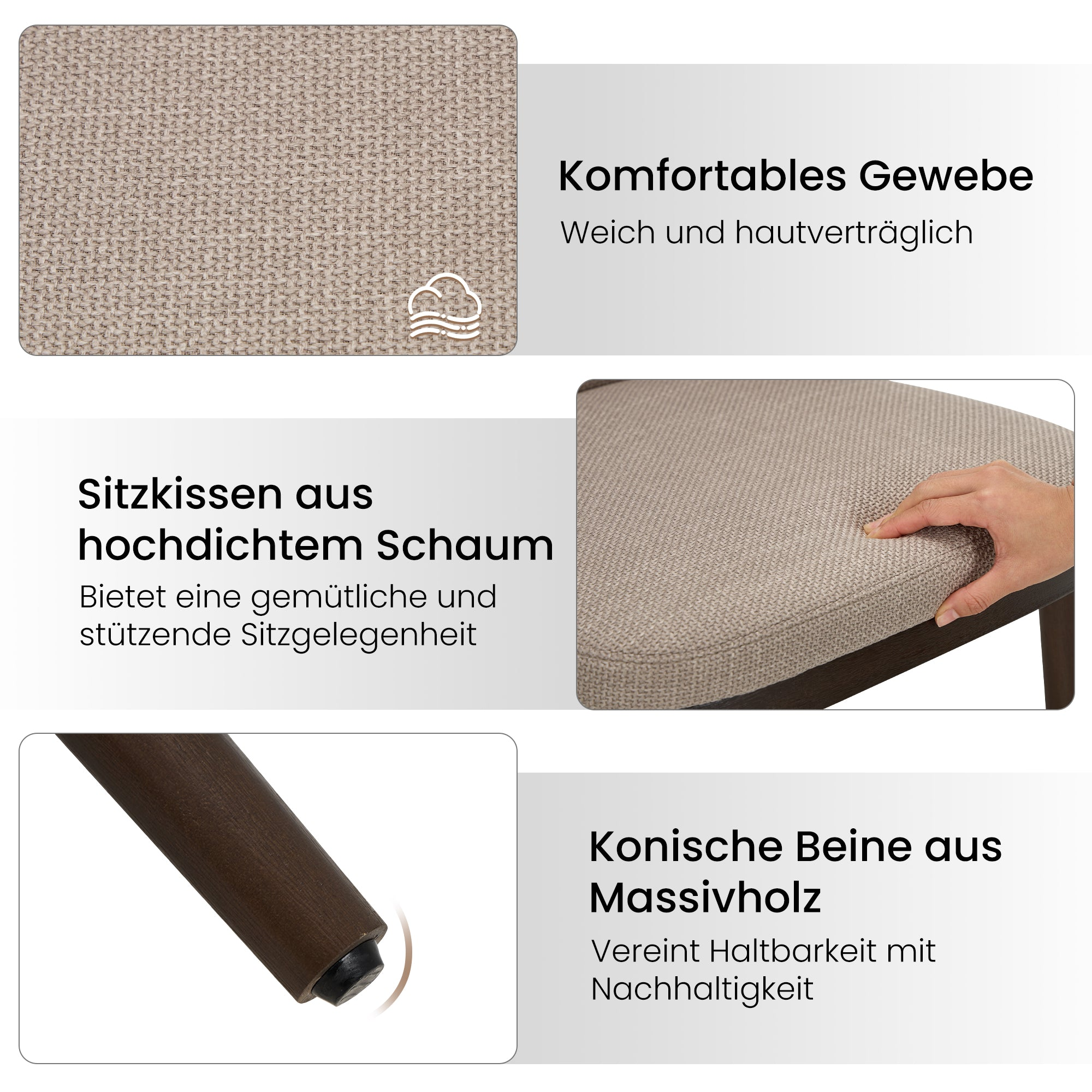 L'infografica mostra tessuto, schiuma e gambe in legno di una sedia.