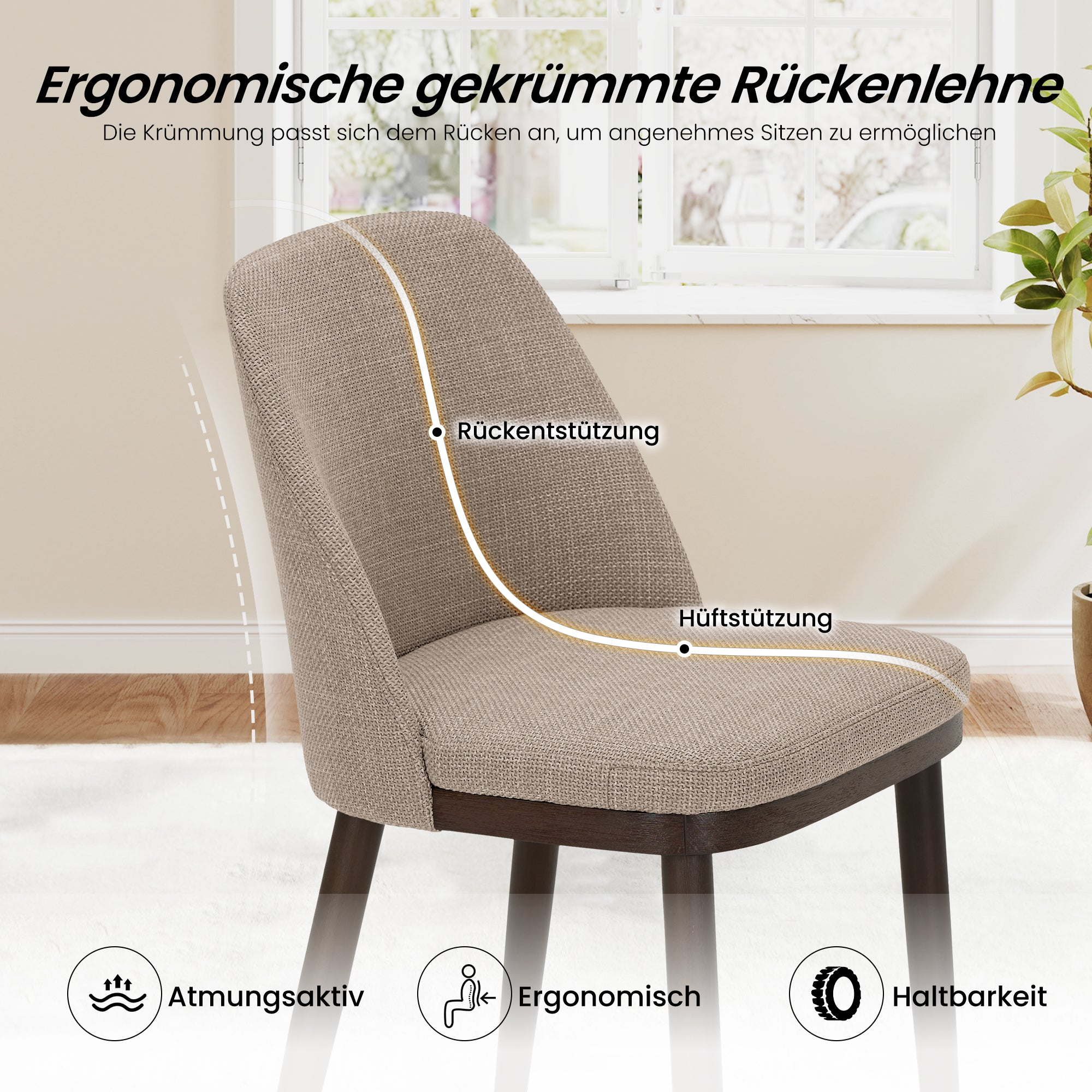 Sedia imbottita beige con gambe in legno scuro, testi sovrapposti e icone di ergonomia.