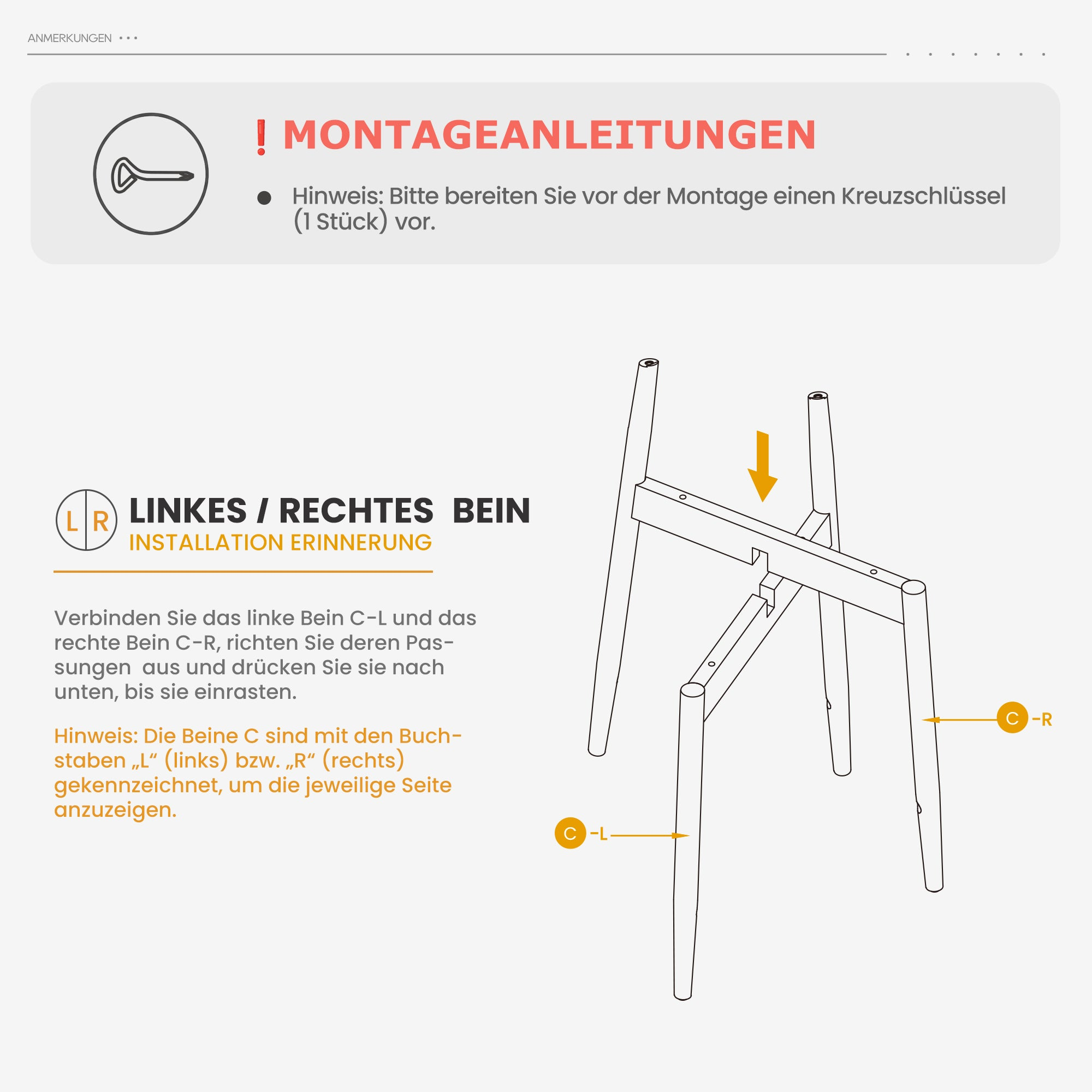 Montageanleitung für Stuhlbeine mit Text und Diagramm.