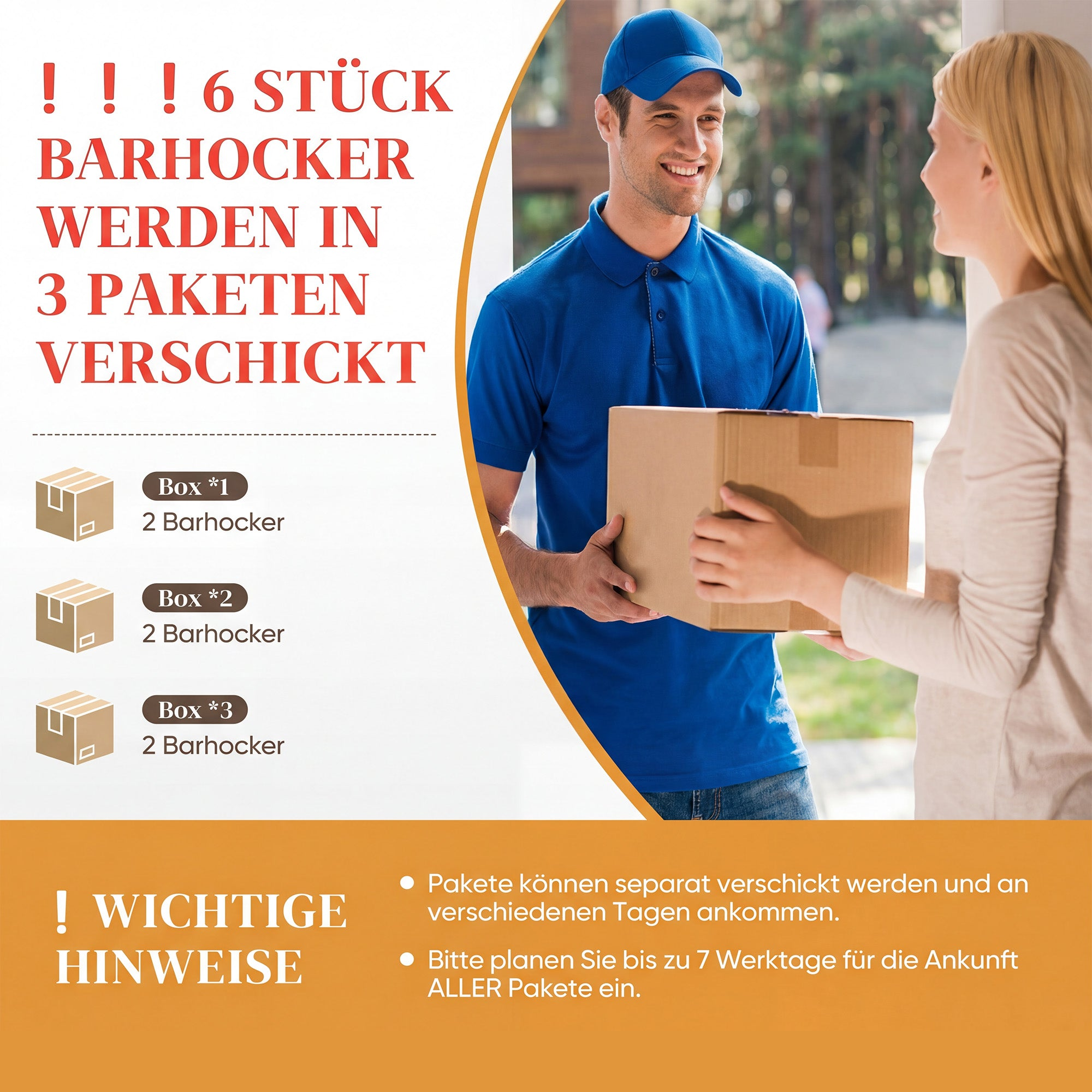 Lieferung von 6 Barhockern in 3 Paketen mit wichtigen Hinweisen.