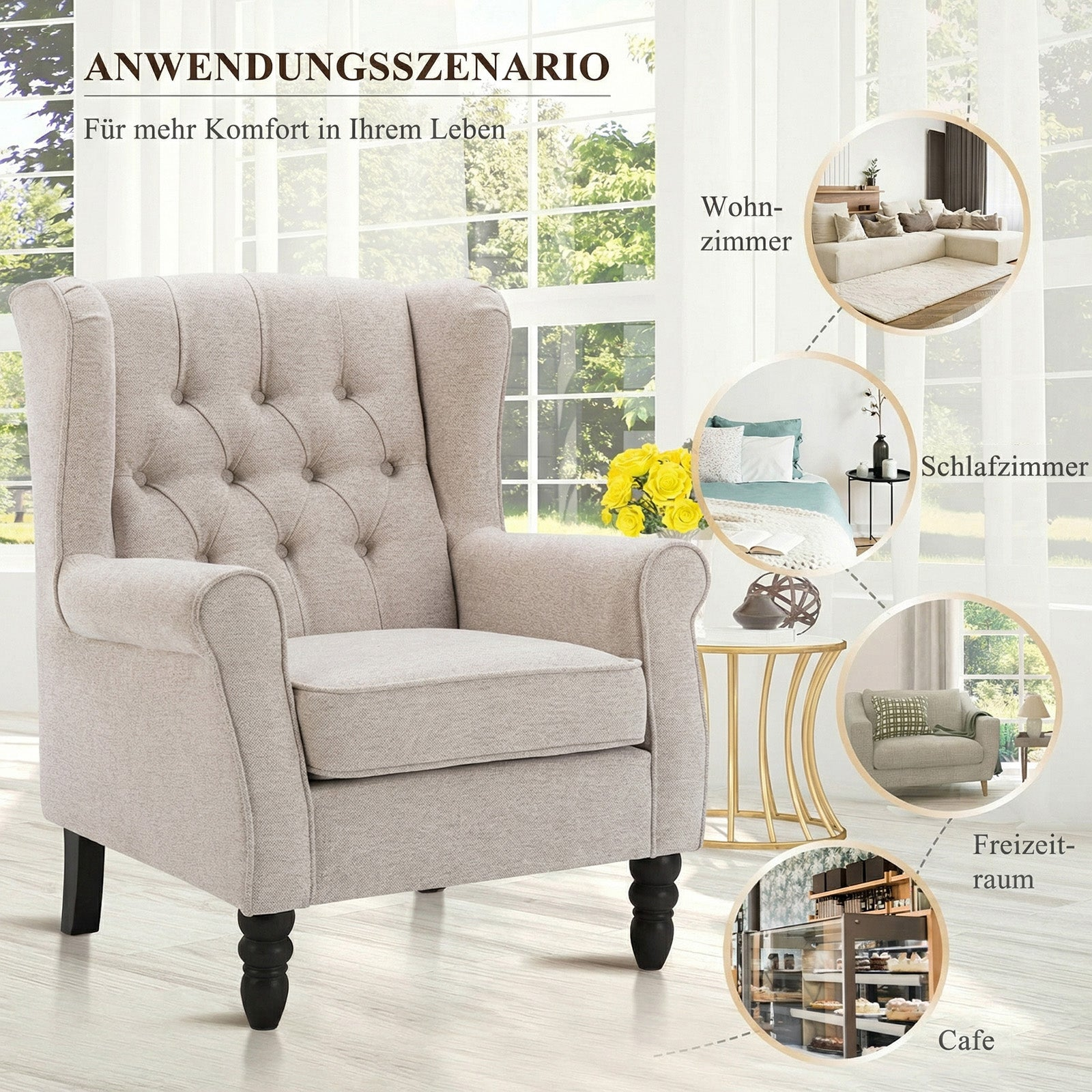 Poltrona Chesterfield beige con esempi d'uso per soggiorno, camera da letto e bar.