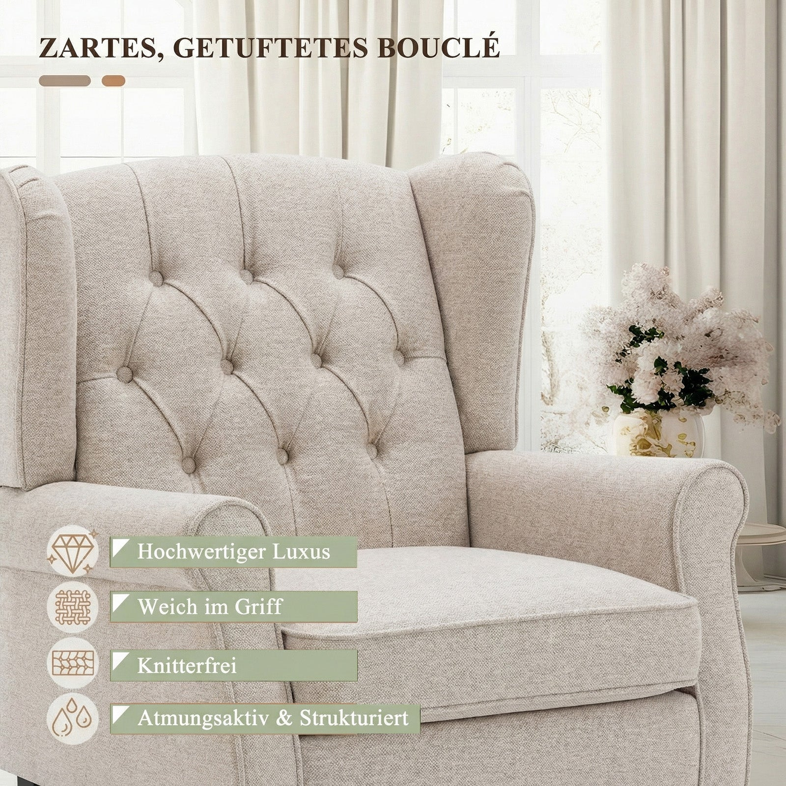 Poltrona orecchiona beige con bottoni capitonné, tessuto morbido e sfondo luminoso con fiori.