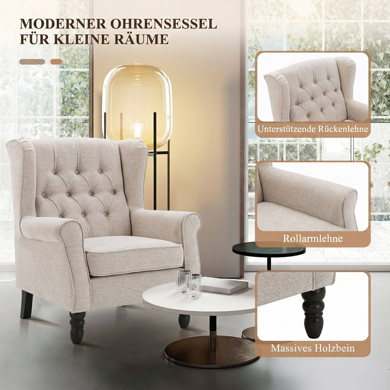 Poltrona orecchiona beige con bottoni, gambe in legno scuro e tavolini.