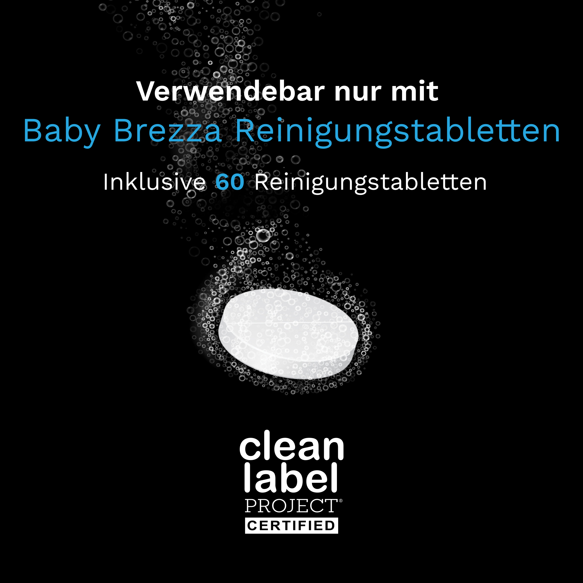 Eine weiße Tablette im Wasser mit aufsteigenden Blasen und deutschem Text auf schwarzem Hintergrund.