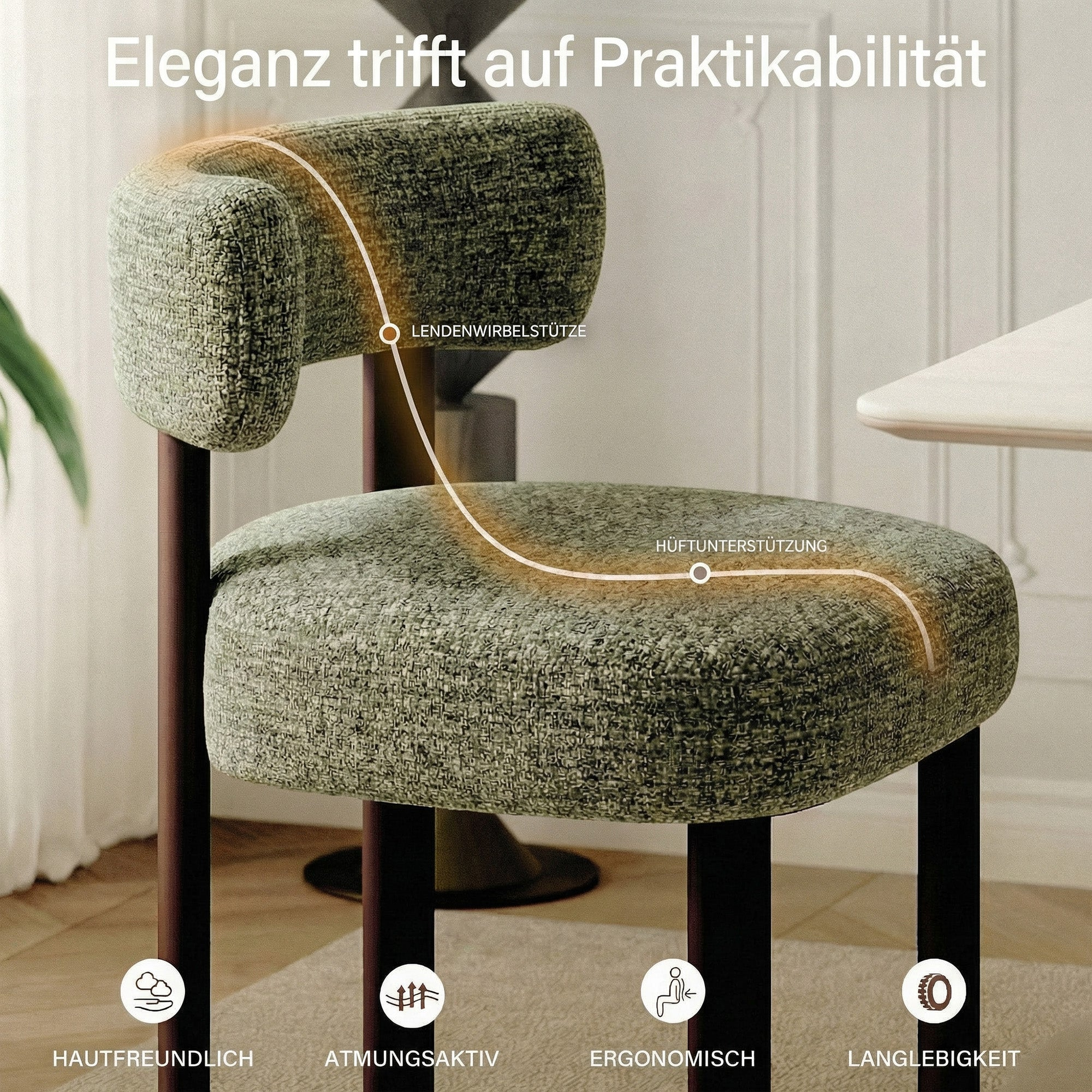 Sedia imbottita verde con design ergonomico, gambe scure e testi sovrapposti in tedesco.