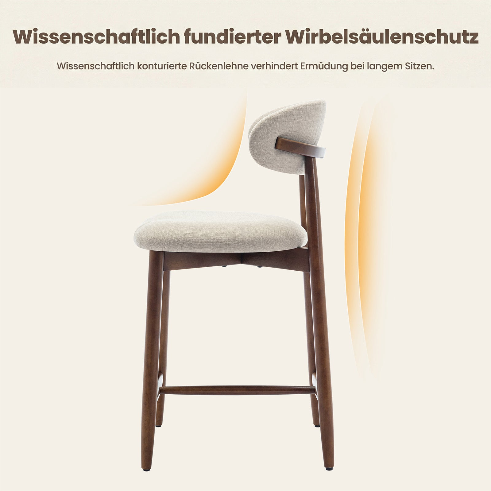 Moderno sgabello da bar con gambe in legno scuro, seduta chiara e schienale ergonomico su sfondo chiaro.
