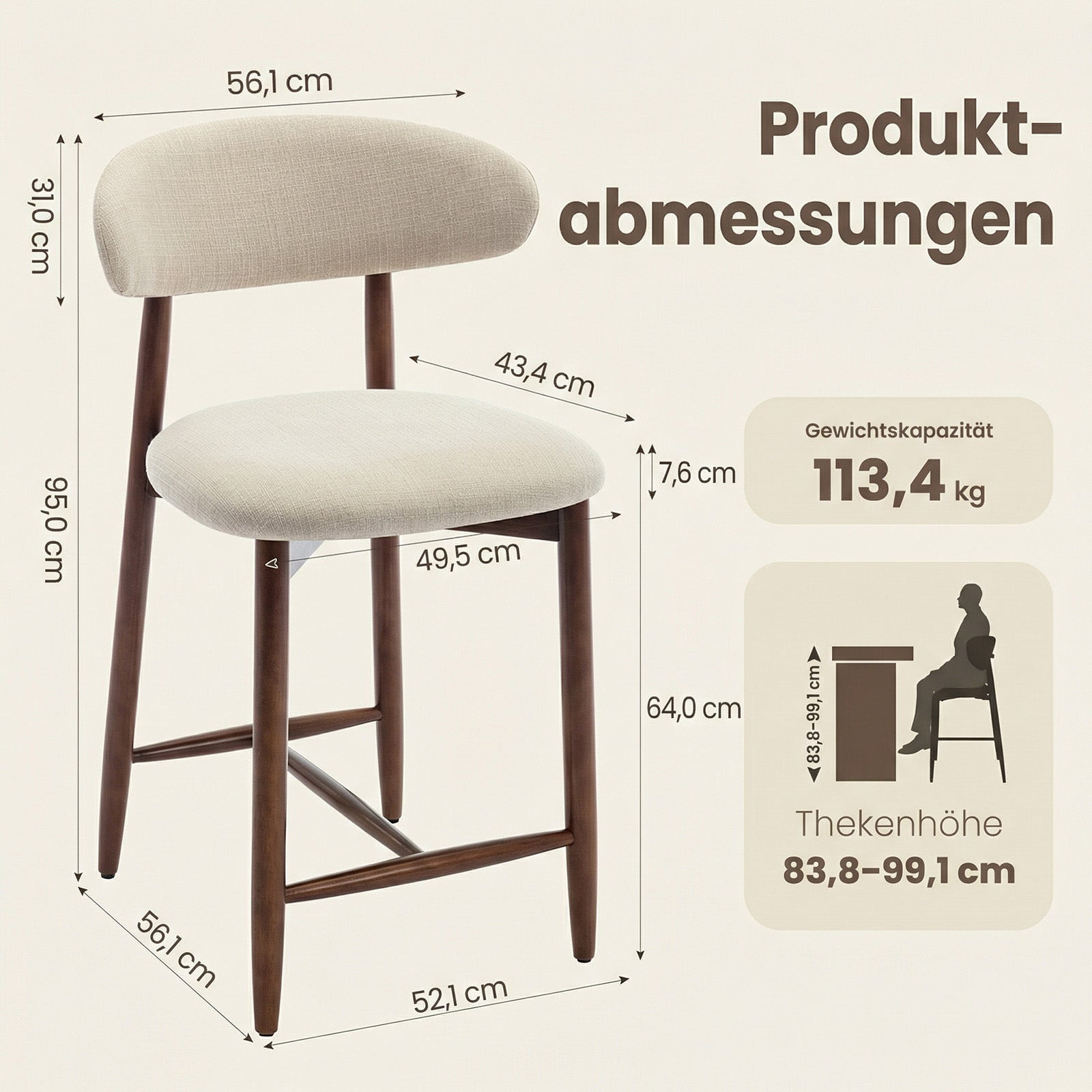 Dimensioni di uno sgabello da bar beige con gambe in legno scuro, che mostra misure di altezza e larghezza.