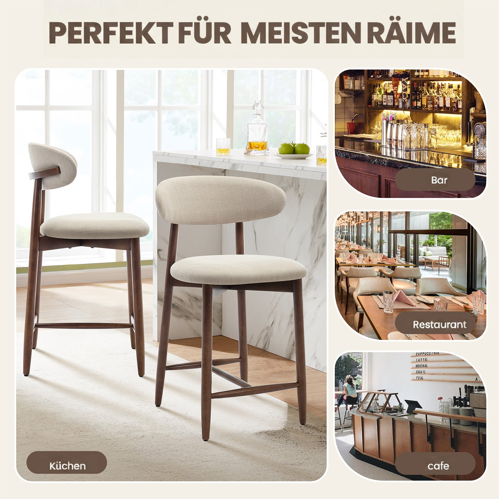Moderni sgabelli in legno con imbottitura chiara in cucina, bar, ristorante e caffè.