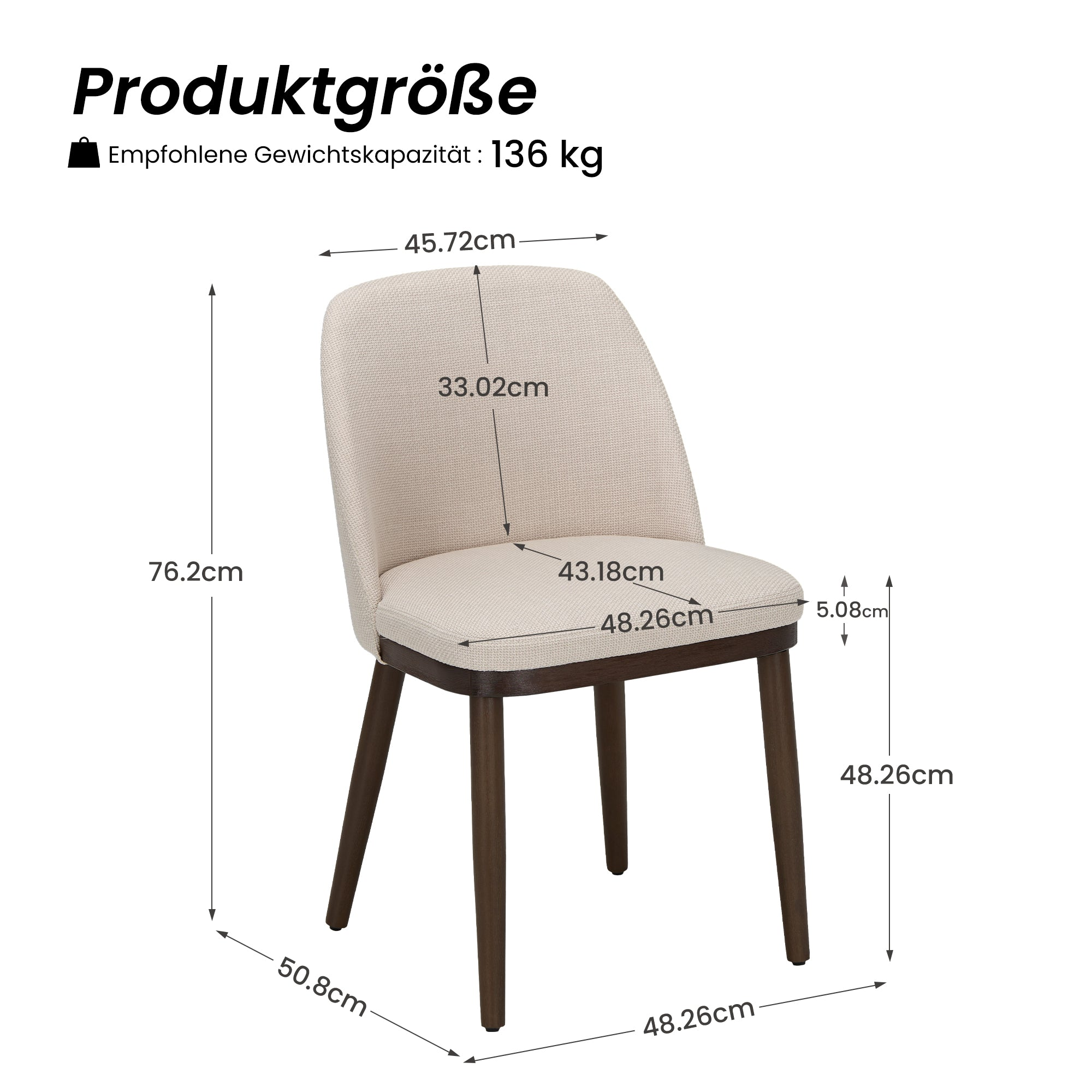Sedia imbottita beige con gambe in legno scuro e indicazioni dettagliate delle misure.