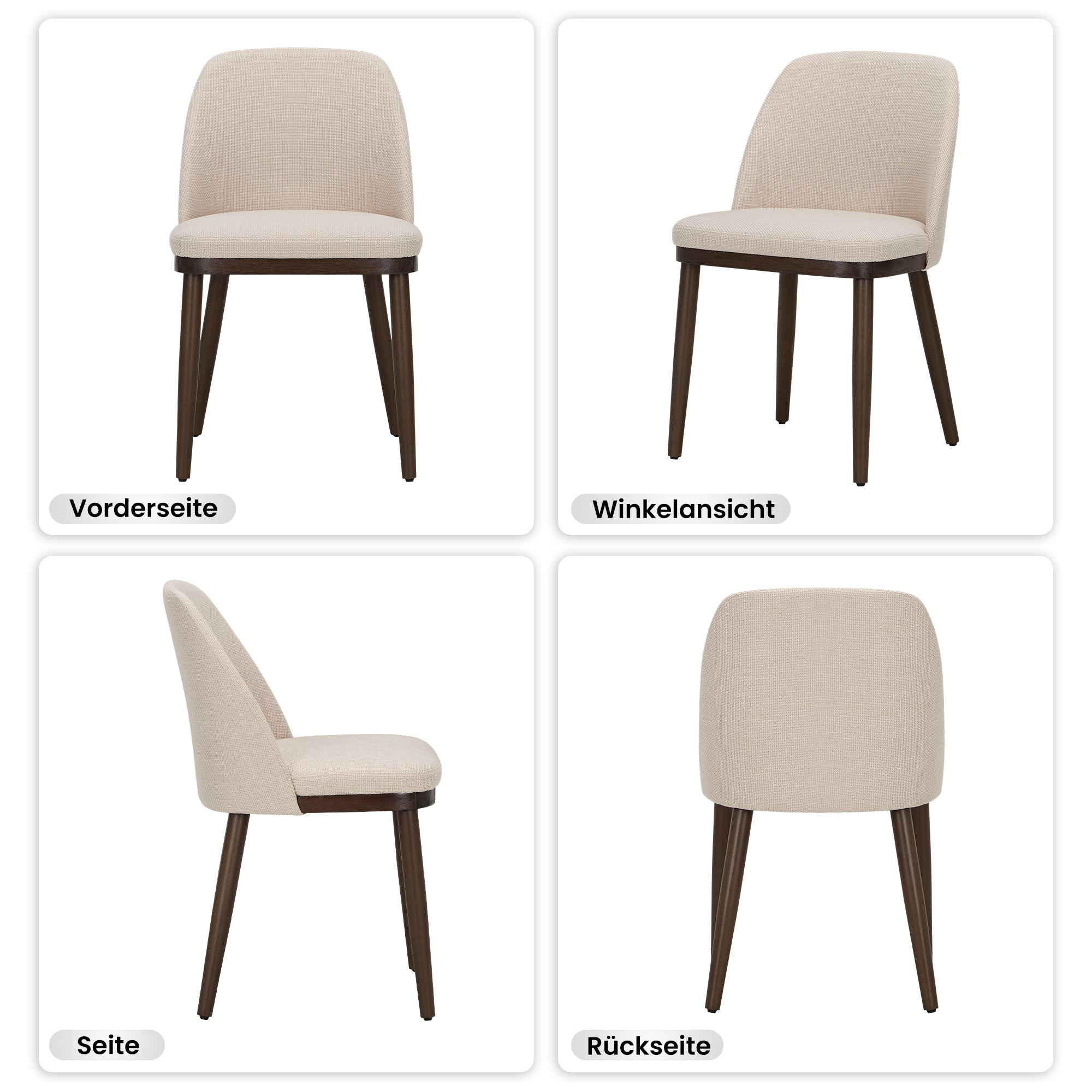 Quattro viste di una sedia imbottita beige con gambe in legno.