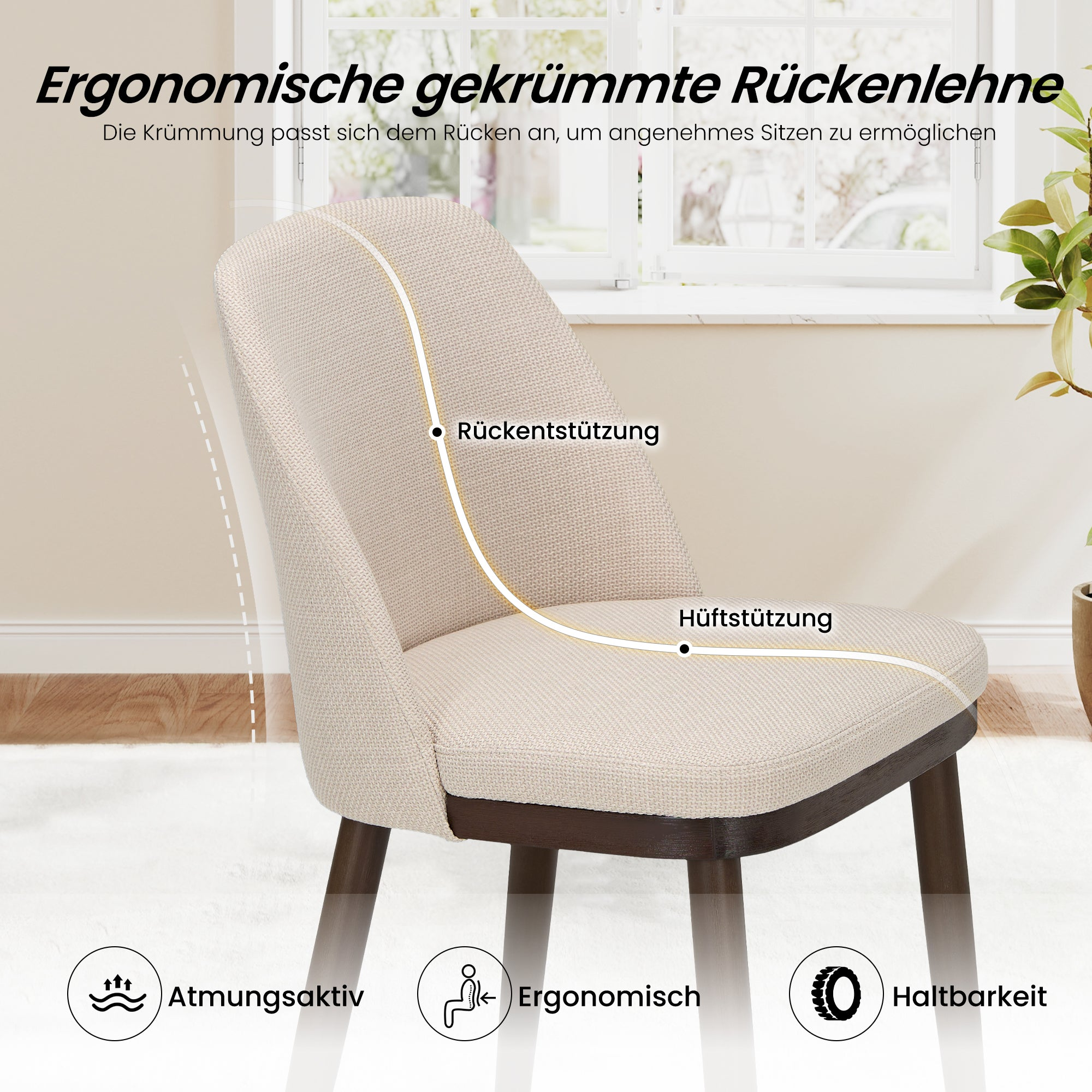 Sedia imbottita beige con gambe in legno scuro, testo indica schienale ergonomico e supporto.