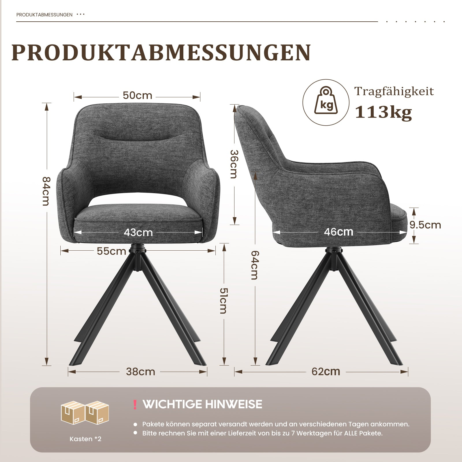 Disegno tecnico delle dimensioni di una poltrona grigia con struttura in metallo nero e capacità di 113 kg.