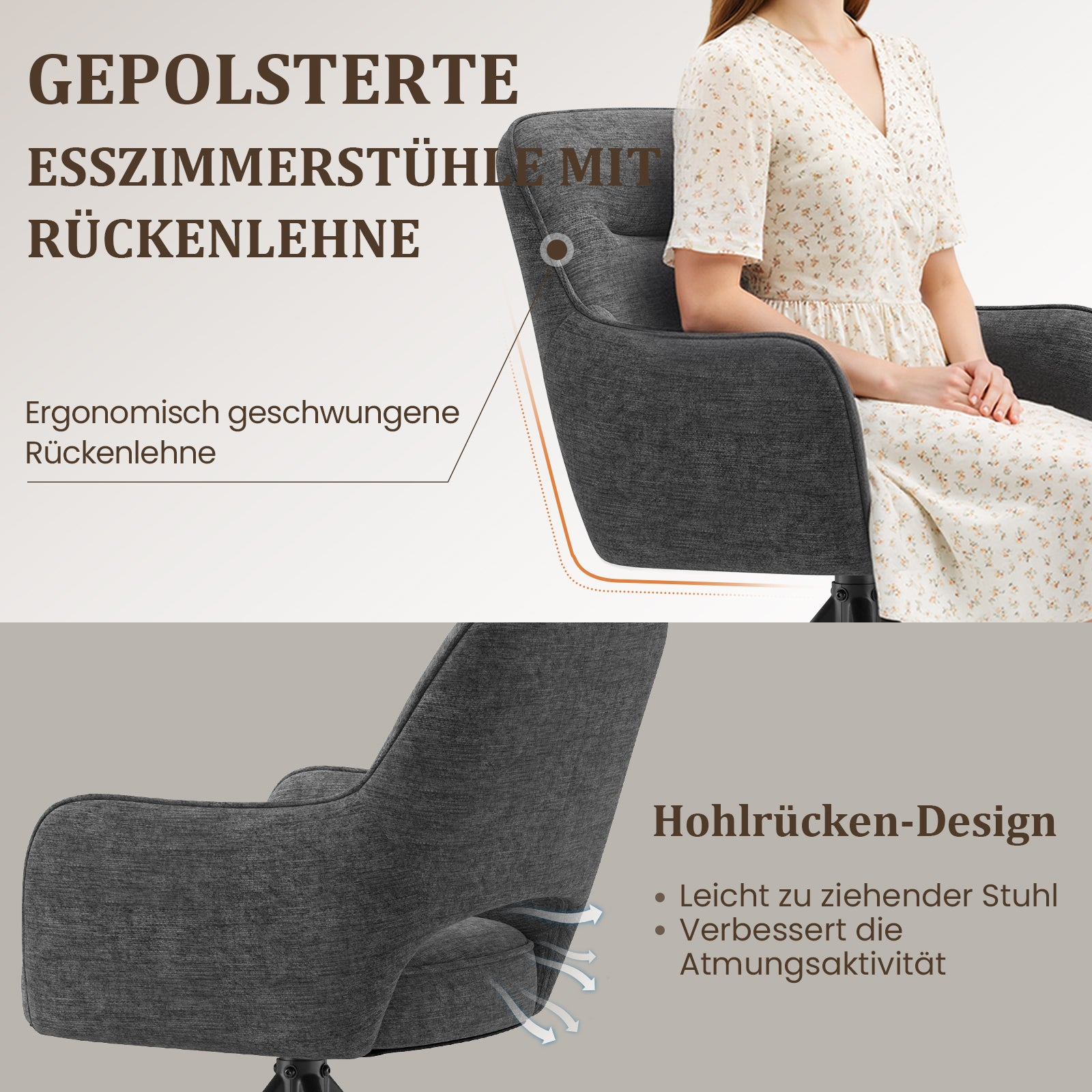 Sedia grigia imbottita con schienale ergonomico e testo in tedesco.