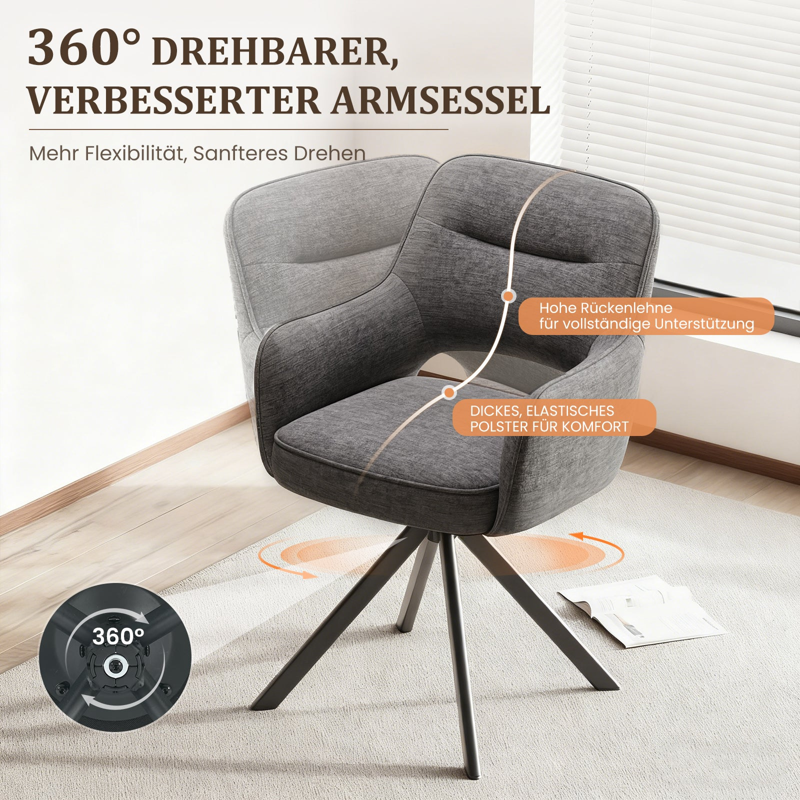 Una poltrona grigia con gambe in metal su tappeto, girevole a 360 gradi e testo pubblicitario in tedesco.